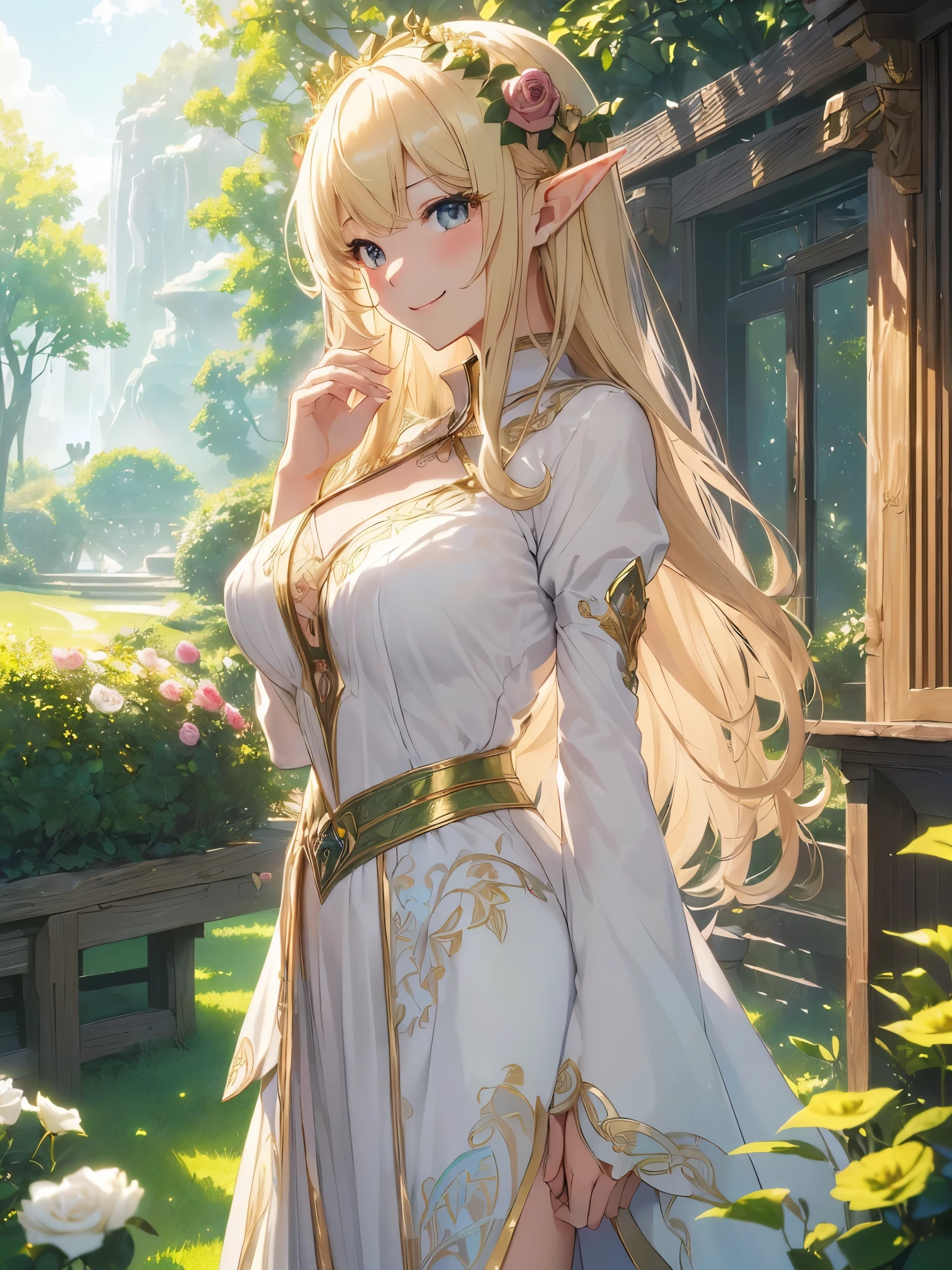 最high quality、Best image quality、masterpiece、Beautiful Face、、Titania、View from the side、Super beautiful elf girl((22 year old office lady big bust、Bust 90,Beautiful long ironed hair、blonde、height: 165cm。thin、Beautiful dress、cowboy shot,、Esbian、.high quality、美しいart、、Pieces fly、ビジュアルart、Depth of written border、、Elf Ears、、Lightのmagic、、Happy smile、穏やかなLight、美しいforest、birdie、カラフルなflower、elegant、ticker beautiful decorative、Outdoor、courtyard、forest、table、tea、lunch、mystery的な Rosa、Rose、、Light、 null、art、Lord of the Ring、Spectacular scenery、sexy、A friendly smile、wonderful、flower畑、nature、宇宙のmagic、magicのLight、Fantasy、flower、super REALITYa lotのRose、magic、Grow Fantasy、、mysteryのLight、Art Nouveau、Alphonse a lot、、art、art,mystery,UHD,magicalgentle light,sexy