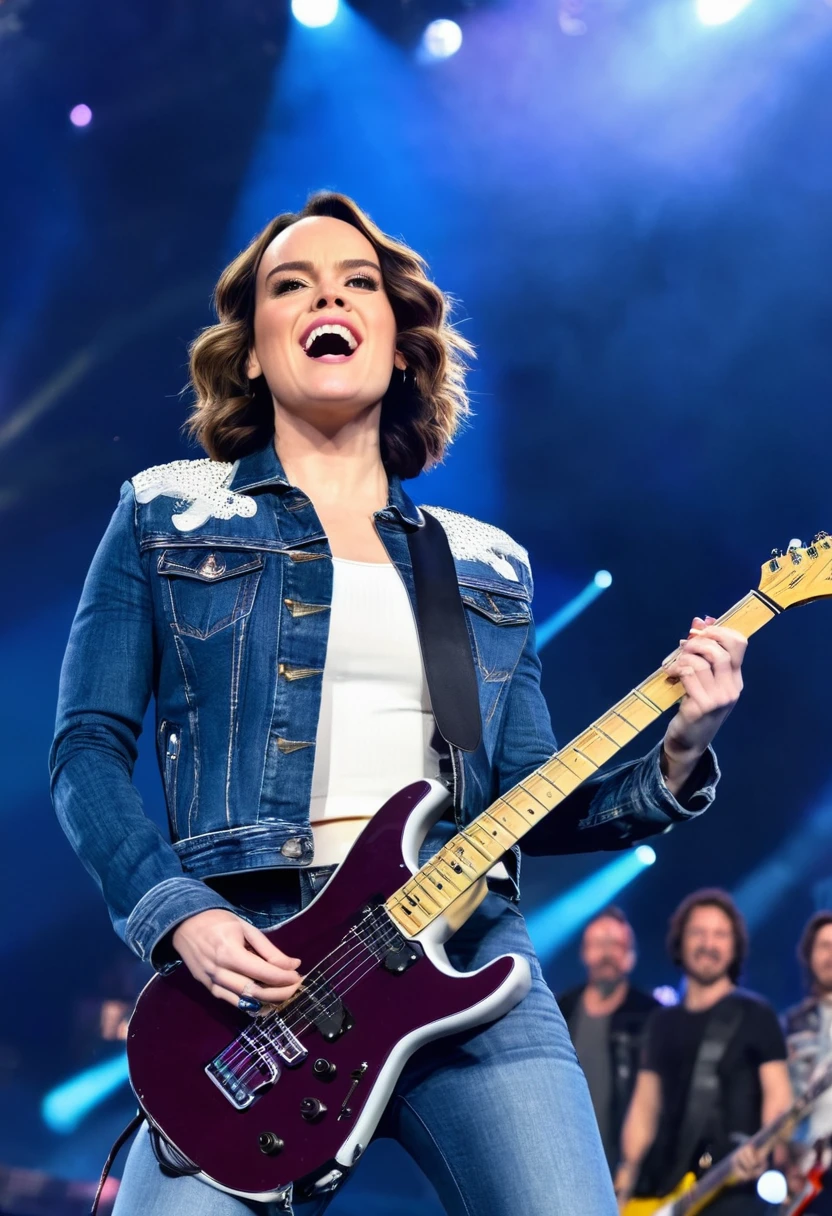 Daisy Ridley with a larger bust wearing jeans and a denim jacket, as a guitarist in a hard rock band from the 80s, on a mega stage at a mega show with 100,000 people, doing a guitar solo, very sweaty, with a giant head of hair