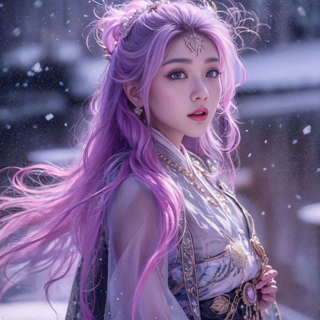 Snow hoop exclusion area 32K（tmasterpiece，k hd，hyper HD，32K）Long flowing purple-pink hair，Autumn Pond，zydink， a color， Tongzhou people （Girl with glowing eyes）， （Thin silk scarf）， Side squat position， looking at the ground， long whitr hair， Floating hair， Python headdress， Chinese long-sleeved clothing， （abstract ink splash：1.2）， white backgrounid，Lotus protector（realisticlying：1.4），Purple-pink hair，Snowflakes fluttering，The background is pure， A high resolution， the detail， RAW photogr， Sharp Re， Nikon D850 Film Stock Photo by Jefferies Lee 4 Kodak Portra 400 Camera F1.6 shots, Rich colors, ultra-realistic vivid textures, Dramatic lighting, Unreal Engine Art Station Trend, cinestir 800，Long flowing purple-pink hair