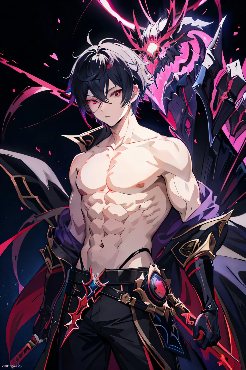 Anime boy with black light in hand, shadow young wizard, Epic anime style, anime key artโดยละเอียด, Shadowverse style, Fantasy style anime, devil man, anime key art, Red eyes, black hair ,No shirt.,strong person,Have muscles