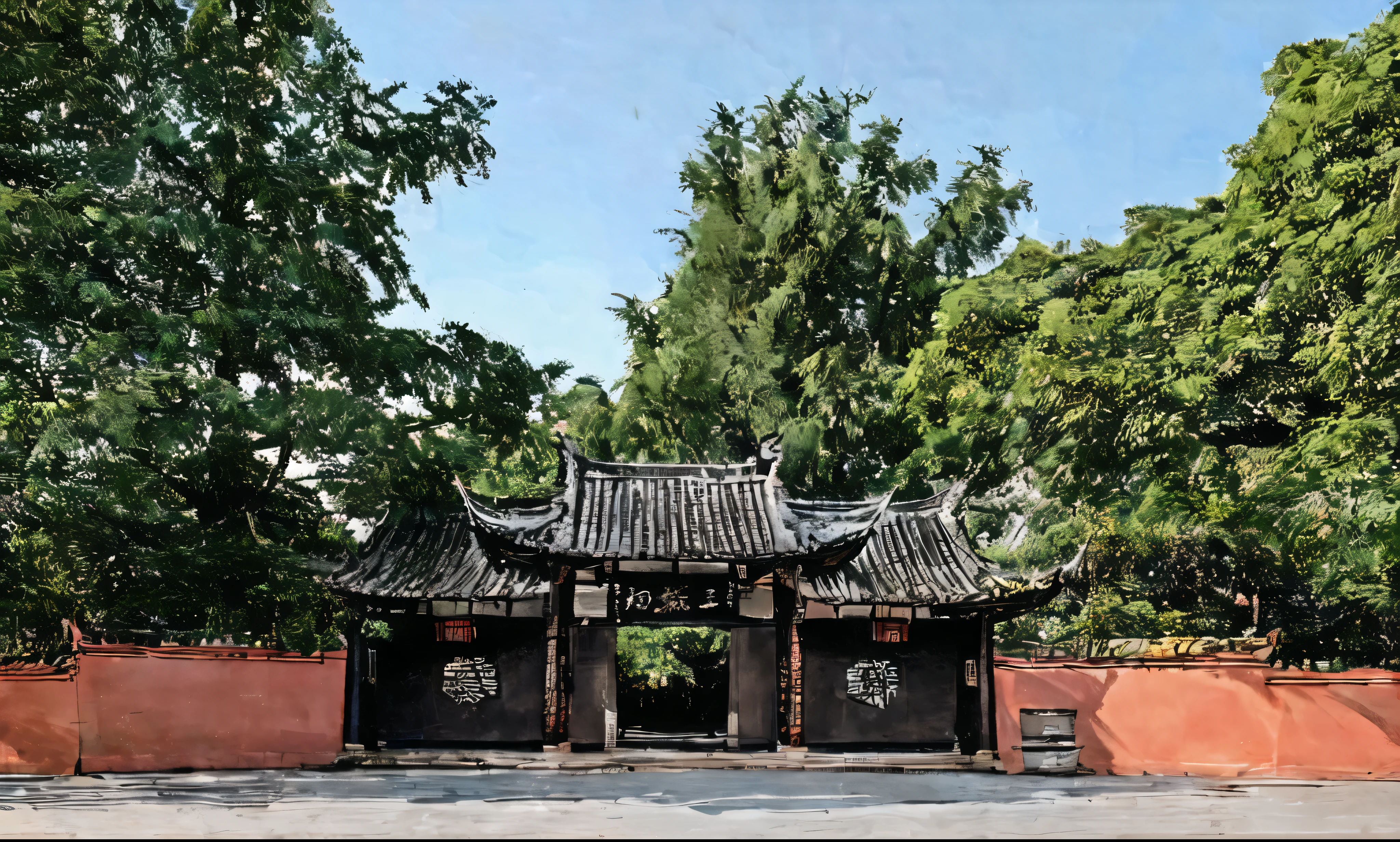 A building with a gate and walls in the background, Taoist temples and monks,Three Su Temple， Tang Palace, Chinese Architecture, ancient Chinese Architecture, Chinese Architecture, nanquan, tian zi, Chinese, Image, Chinese temple, qiangshu, by Ma Yuanyu, Chinese Palace, by Li Zai, changquan, In line with Chinese aesthetics