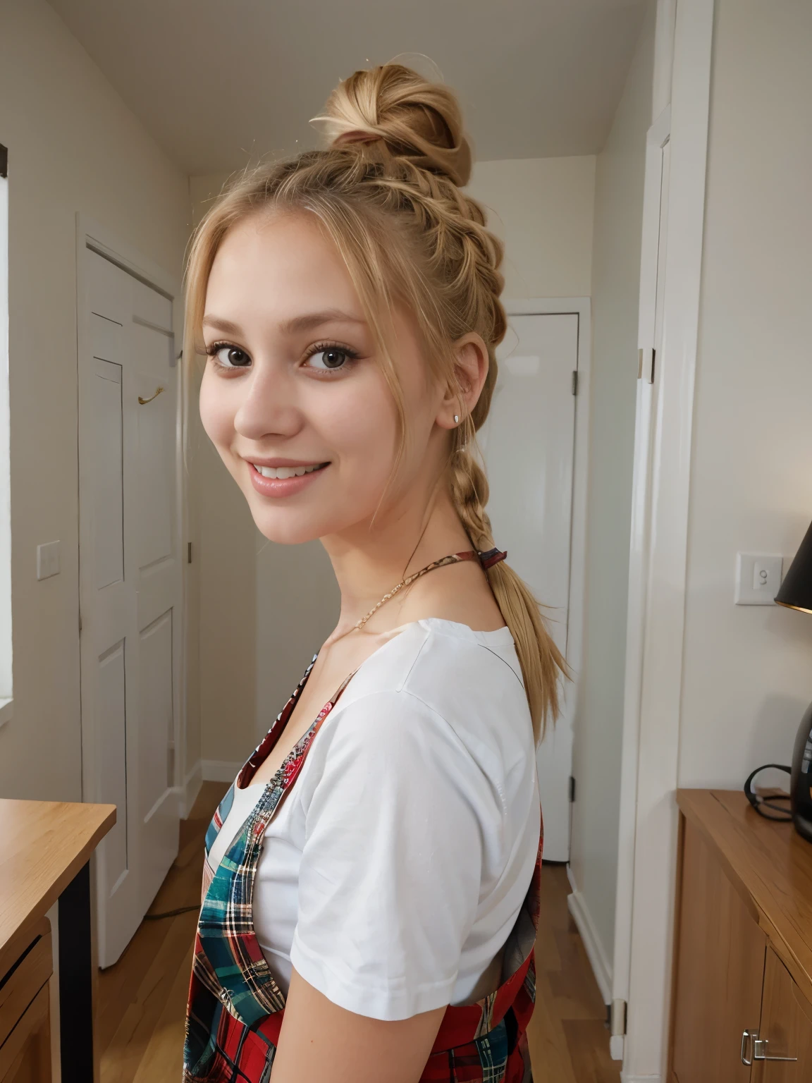  a blonde lady, 25, brown eyes, wearing a red plaid dress with her hair tied up in a ponytail, standing in a room smiling at the viewer.