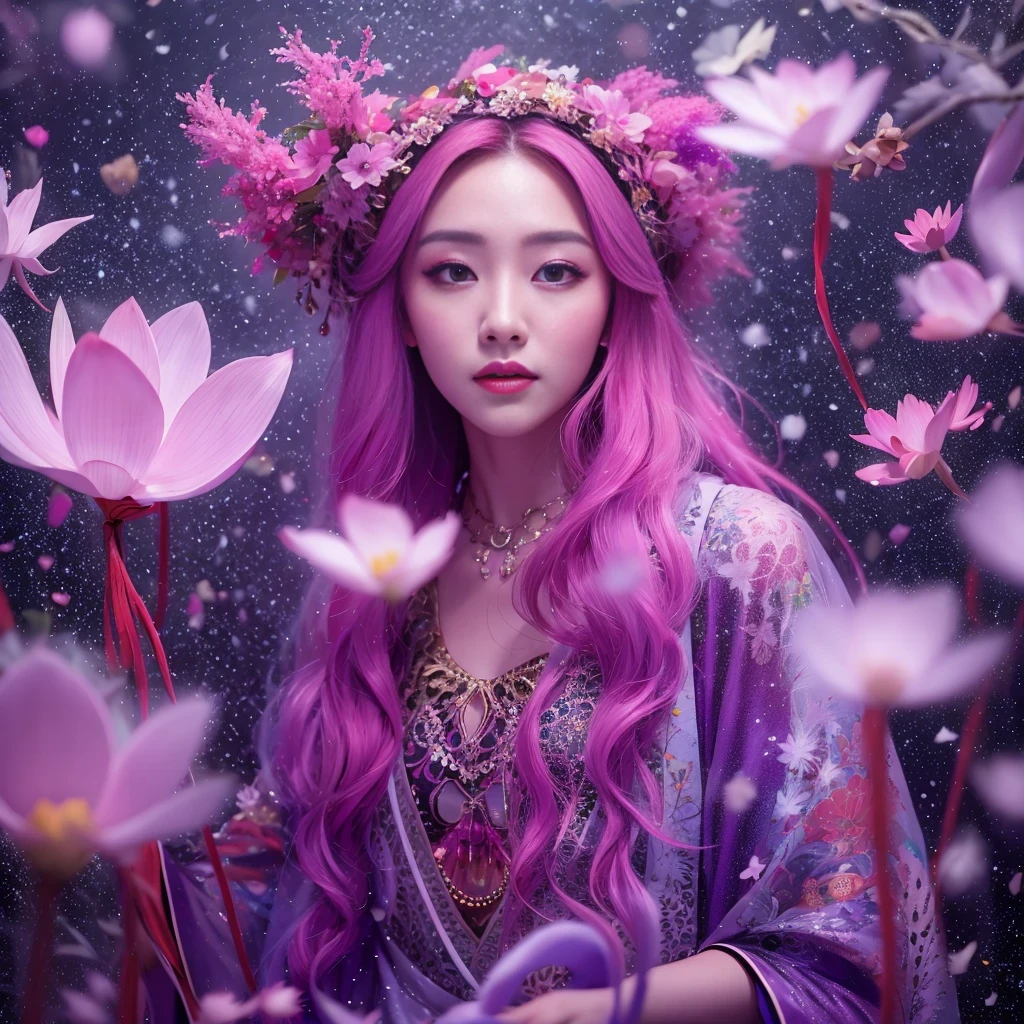 Snow hoop exclusion area 32K（tmasterpiece，k hd，hyper HD，32K）Long flowing purple-pink hair，Autumn Pond，zydink， a color， Tongzhou people （Girl with glowing eyes）， （Thin silk scarf）， Side squat position， looking at the ground， long whitr hair， Floating hair， Python headdress， Chinese long-sleeved clothing， （abstract ink splash：1.2）， white backgrounid，Lotus protector（realisticlying：1.4），Purple-pink hair，Snowflakes fluttering，The background is pure， A high resolution， the detail， RAW photogr， Sharp Re， Nikon D850 Film Stock Photo by Jefferies Lee 4 Kodak Portra 400 Camera F1.6 shots, Rich colors, ultra-realistic vivid textures, Dramatic lighting, Unreal Engine Art Station Trend, cinestir 800，Long flowing purple-pink hair