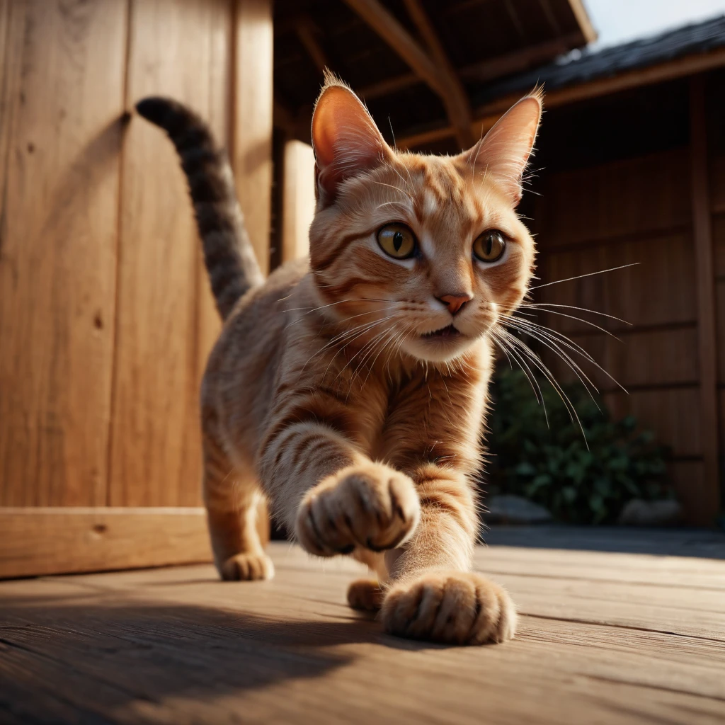 Ultra detailed macro photography capturing the risp movement of a cat, on cue, using a paw to showcase its power in a mid-air leap, close-up, paw unleashed, claws unsheathed, advancing forward, the hazy motion of the background blending into a whirlsof wooden shed corners and grooves blurred for a sense of unleashed energy, Miki Asai, close-up technique, rendered in Unreal Engine for a photorealistic ,High Quality, Masterpiece. best quality, super detail