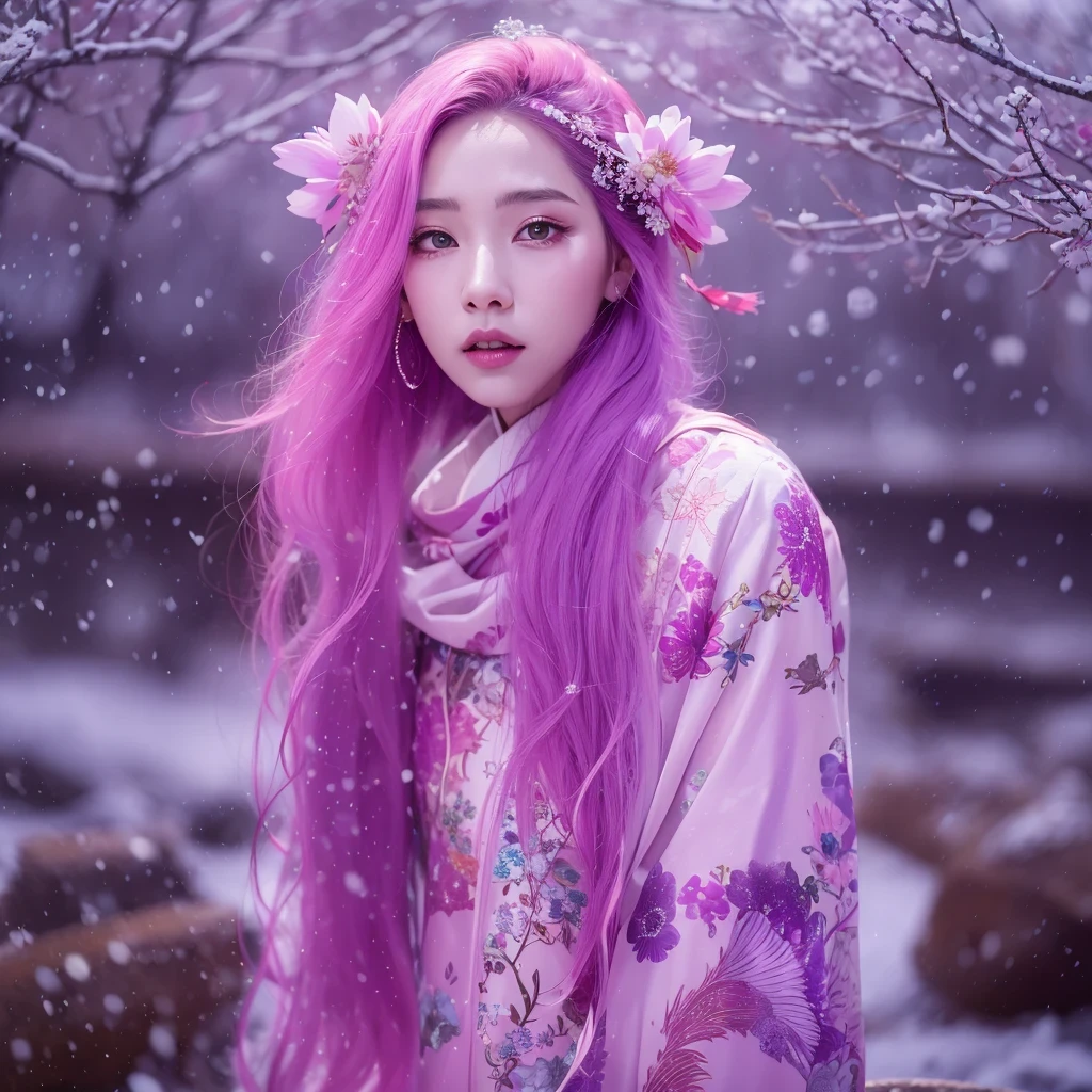 Snow hoop exclusion area 32K（tmasterpiece，k hd，hyper HD，32K）Long flowing purple-pink hair，Autumn Pond，zydink， a color， Tongzhou people （Girl with glowing eyes）， （Thin silk scarf）， Side squat position， looking at the ground， long whitr hair， Floating hair， Python headdress， Chinese long-sleeved clothing， （abstract ink splash：1.2）， white backgrounid，Lotus protector（realisticlying：1.4），Purple-pink hair，Snowflakes fluttering，The background is pure， A high resolution， the detail， RAW photogr， Sharp Re， Nikon D850 Film Stock Photo by Jefferies Lee 4 Kodak Portra 400 Camera F1.6 shots, Rich colors, ultra-realistic vivid textures, Dramatic lighting, Unreal Engine Art Station Trend, cinestir 800，Long flowing purple-pink hair