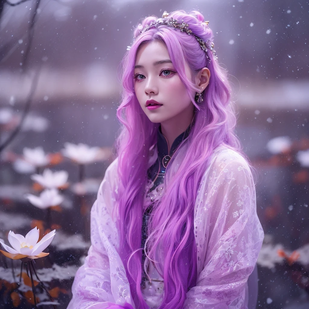 Snow hoop exclusion area 32K（tmasterpiece，k hd，hyper HD，32K）Long flowing purple-pink hair，Autumn Pond，zydink， a color， Tongzhou people （Girl with glowing eyes）， （Thin silk scarf）， Side squat position， looking at the ground， long whitr hair， Floating hair， Python headdress， Chinese long-sleeved clothing， （abstract ink splash：1.2）， white backgrounid，Lotus protector（realisticlying：1.4），Purple-pink hair，Snowflakes fluttering，The background is pure， A high resolution， the detail， RAW photogr， Sharp Re， Nikon D850 Film Stock Photo by Jefferies Lee 4 Kodak Portra 400 Camera F1.6 shots, Rich colors, ultra-realistic vivid textures, Dramatic lighting, Unreal Engine Art Station Trend, cinestir 800，Long flowing purple-pink hair