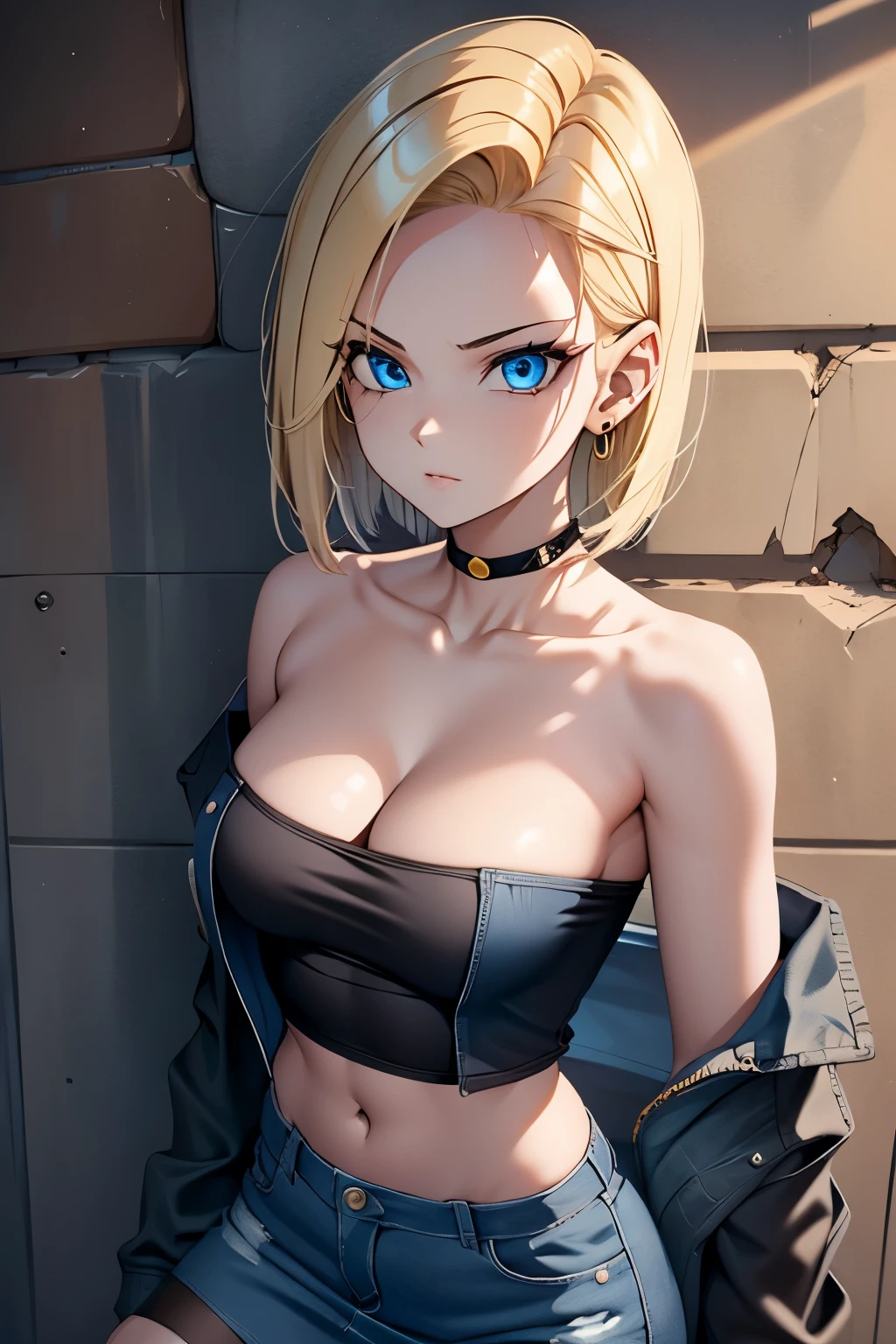 alternativa version con ojos de circuito ojos cyber, best quality, highres, and18, 1girl, android 18, solo, blonde hair, blue eyes, short hair, earrings, jewelry, denim vest, open vest, black pantyhose, black shirt, denim skirt, striped long sleeves, blue skirt, medium breasts, cowboy shot, street, off-the-shoulder, Strapless, 29 years old. piernas fuertes. pechos grandes