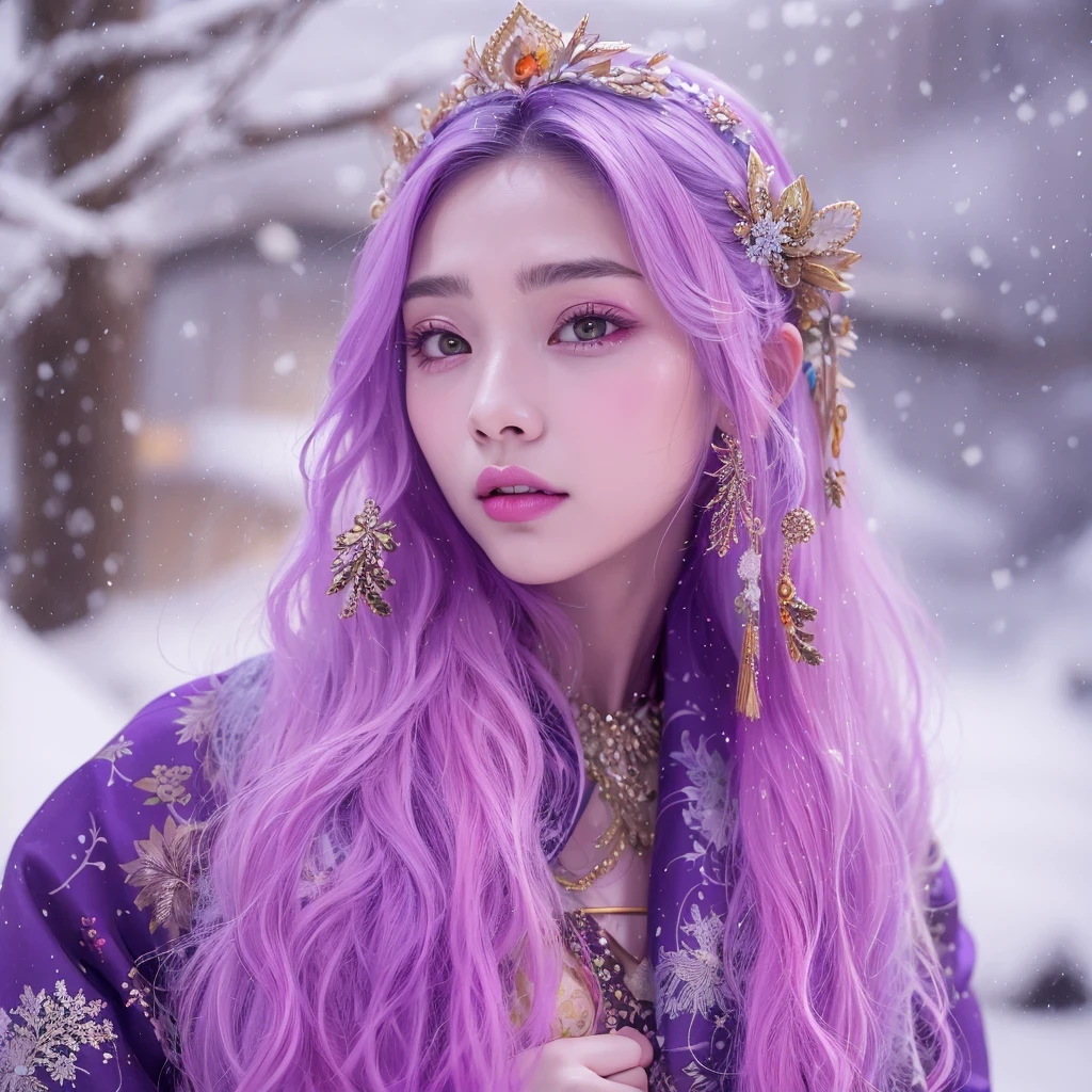 Snow hoop exclusion area 32K(tmasterpiece,k hd,hyper HD,32K)Long flowing purple-pink hair,Autumn Pond,zydink, a color, Tongzhou people (Girl with glowing eyes), (Thin silk scarf), Side squat position, looking at the ground, long whitr hair, Floating hair, Python headdress, Chinese long-sleeved clothing, (abstract ink splash:1.2), white backgrounid,Lotus protector(realisticlying:1.4),Purple-pink hair,Snowflakes fluttering,The background is pure, A high resolution, the detail, RAW photogr, Sharp Re, Nikon D850 Film Stock Photo by Jefferies Lee 4 Kodak Portra 400 Camera F1.6 shots, Rich colors, ultra-realistic vivid textures, Dramatic lighting, Unreal Engine Art Station Trend, cinestir 800,Long flowing purple-pink hair