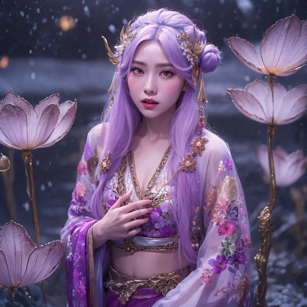 Snow hoop exclusion area 32K(tmasterpiece,k hd,hyper HD,32K)Long flowing purple-pink hair,Autumn Pond,zydink, a color, Tongzhou people (Girl with glowing eyes), (Thin silk scarf), Side squat position, looking at the ground, long whitr hair, Floating hair, Python headdress, Chinese long-sleeved clothing, (abstract ink splash:1.2), white backgrounid,Lotus protector(realisticlying:1.4),Purple-pink hair,Snowflakes fluttering,The background is pure, A high resolution, the detail, RAW photogr, Sharp Re, Nikon D850 Film Stock Photo by Jefferies Lee 4 Kodak Portra 400 Camera F1.6 shots, Rich colors, ultra-realistic vivid textures, Dramatic lighting, Unreal Engine Art Station Trend, cinestir 800,Long flowing purple-pink hair