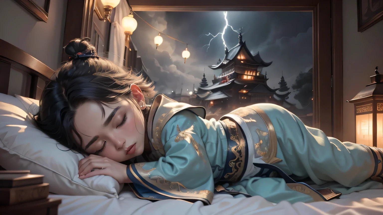 (masterpiece, best quality:1.4),(absurd, high resolution, Ultra Detailed:1.2), (1 male child，Lying in bed，sleep:1.4),(Using Thunder Magic:1.4),Thunder Magic,A vortex formed by lightning can be vaguely seen in the sky，Lightning struck the room from outside the door.,Chinese Architecture，Playful illustrations, imaginative overlay, Art fusion,Fantasy scene, evocative narrative, Eye-Catching Visuals, 