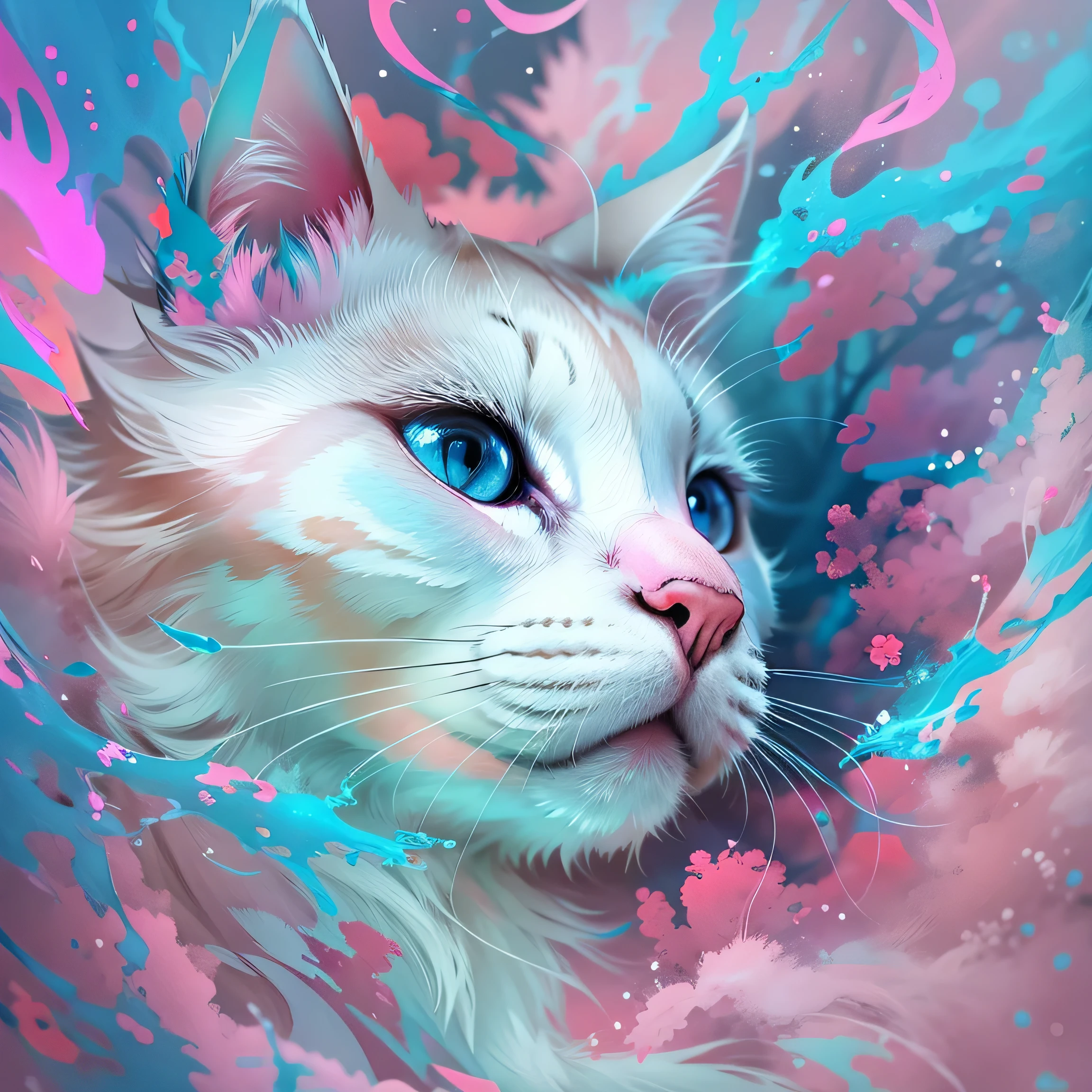 there is a white Cat with pink and blue paint on it's face, Blue and pink color splash, Pink and blue colors, blue and pink colors, Cat. Digital Painting, cmyk portrait, Cat design, Pink and blue colors, beautiful neon Cats, digital art animal pictures, liquid Cat, In hot pink and cyan colors, Daygro Pink and Blue