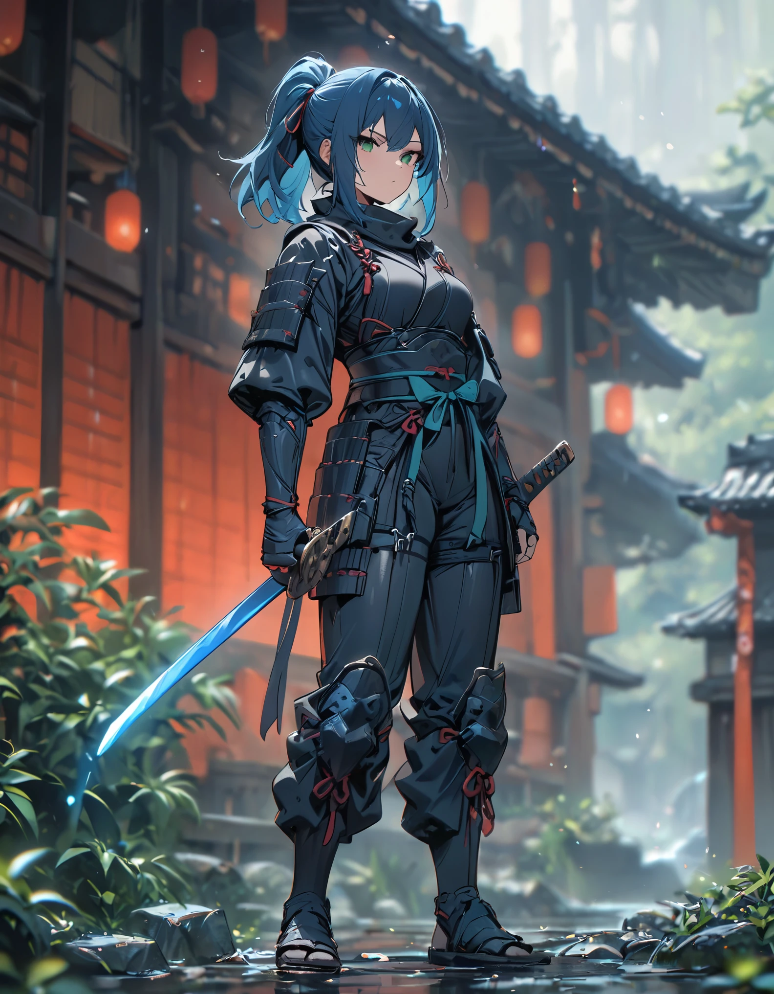 best quality, masterpiece, highres, 1girl, female ninja, blue hair, medium hair, ponytail, green eyes, tight black bodysuit, armored, holding katana, full body shot, solo