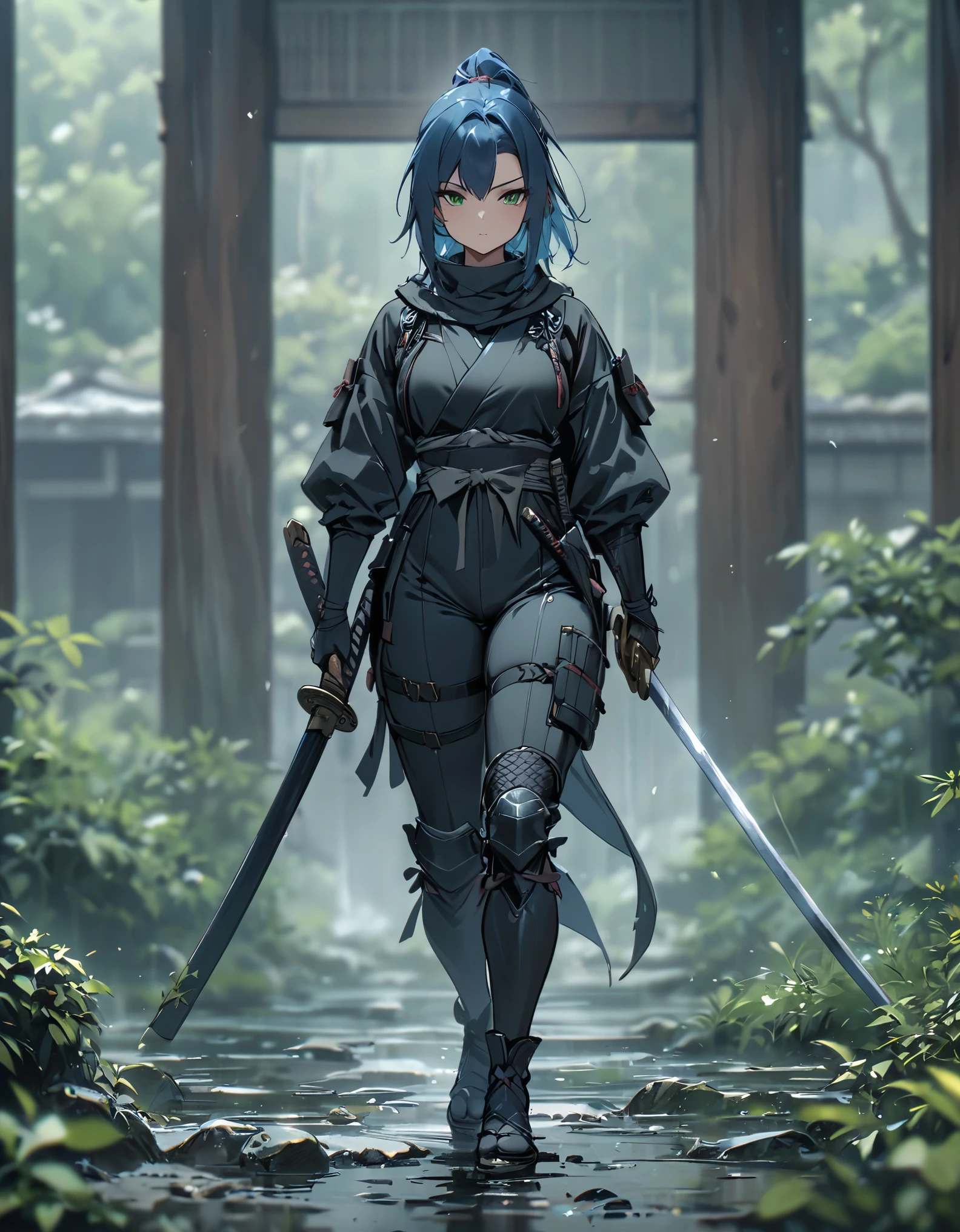 best quality, masterpiece, highres, 1girl, female ninja, blue hair, medium hair, ponytail, green eyes, tight black bodysuit, armored, holding katana, full body shot, solo