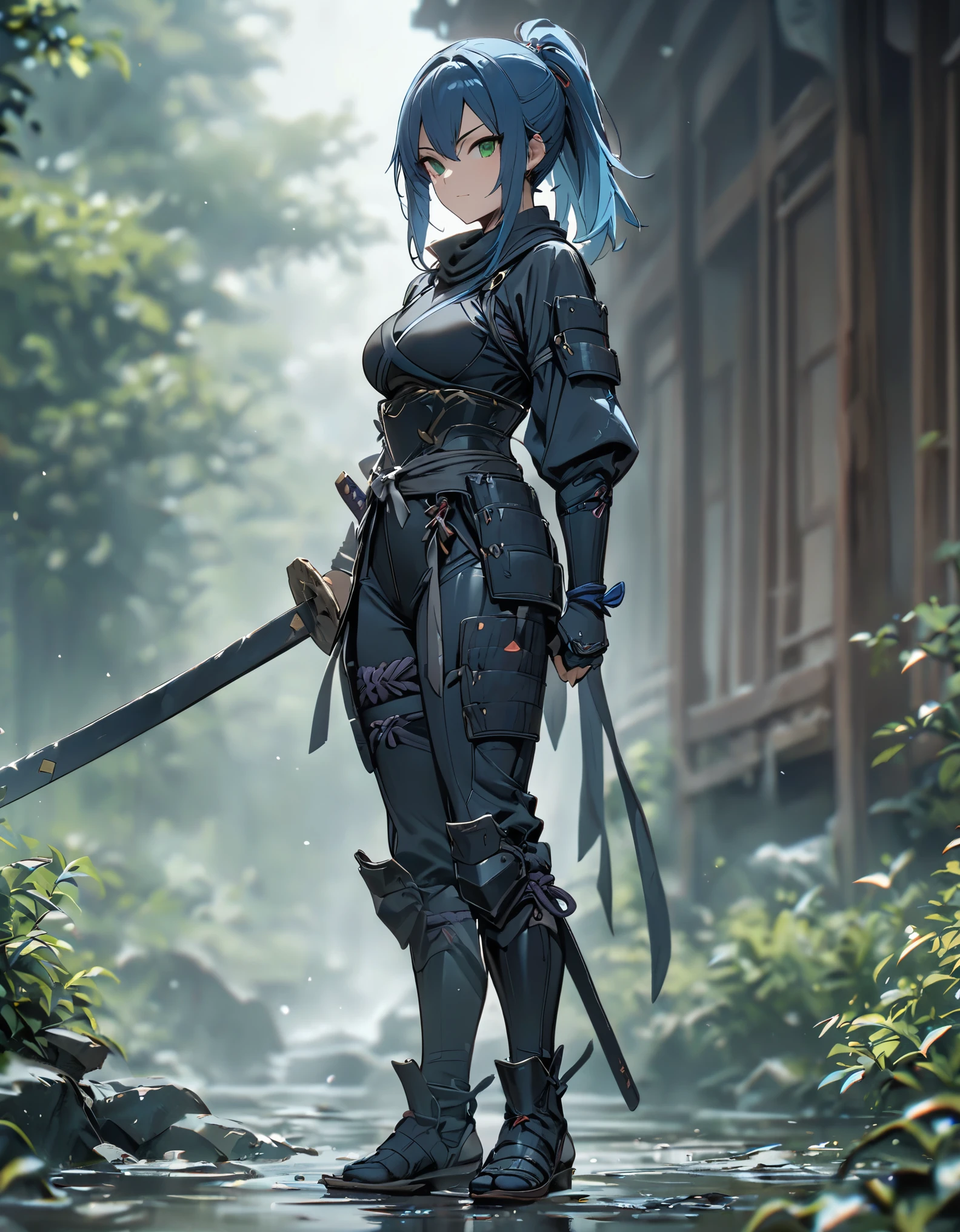 best quality, masterpiece, highres, 1girl, female ninja, blue hair, medium hair, ponytail, green eyes, tight black bodysuit, armored, holding katana, full body shot, solo