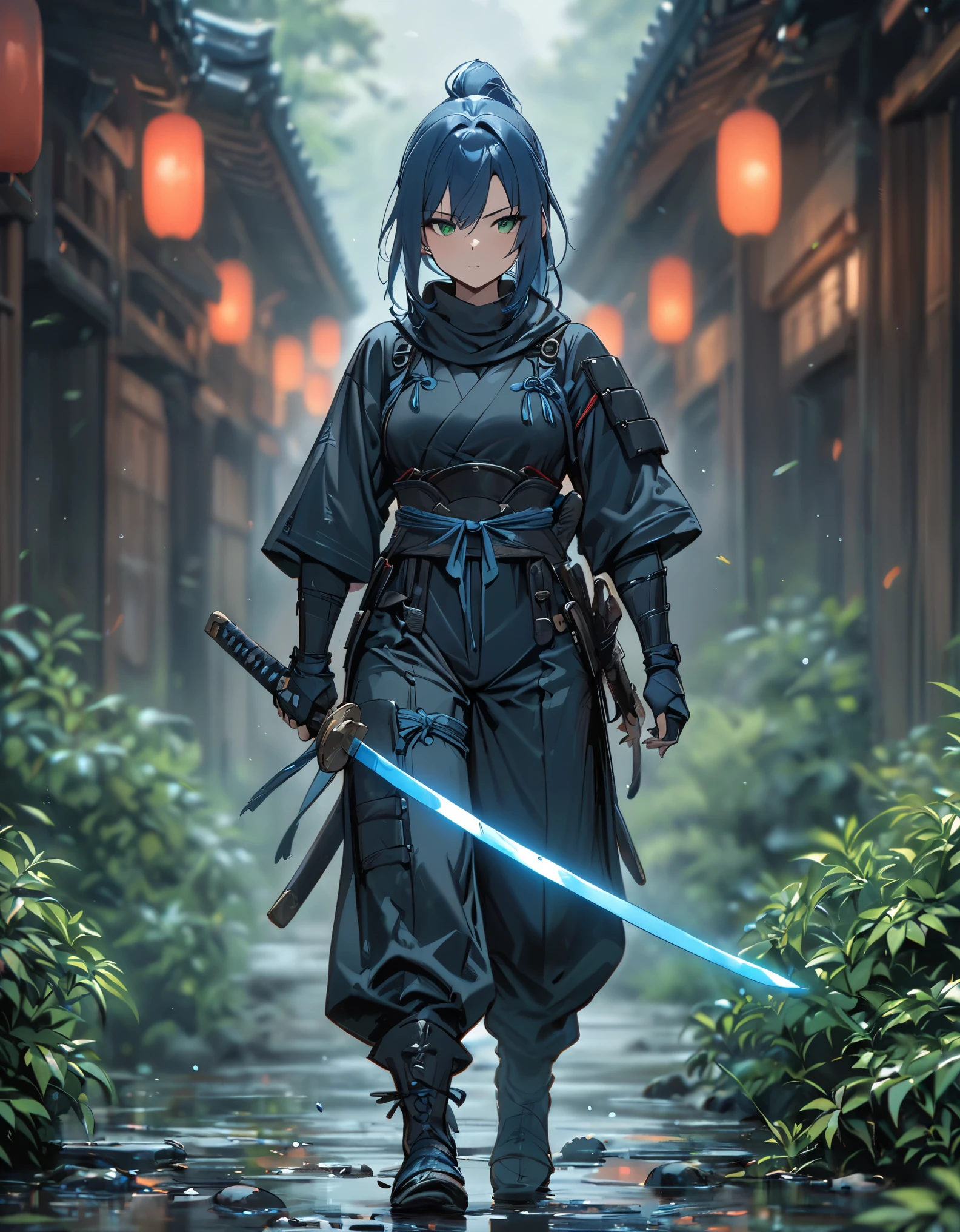 best quality, masterpiece, highres, 1girl, female ninja, blue hair, medium hair, ponytail, green eyes, tight black bodysuit, armored, holding katana, full body shot, solo