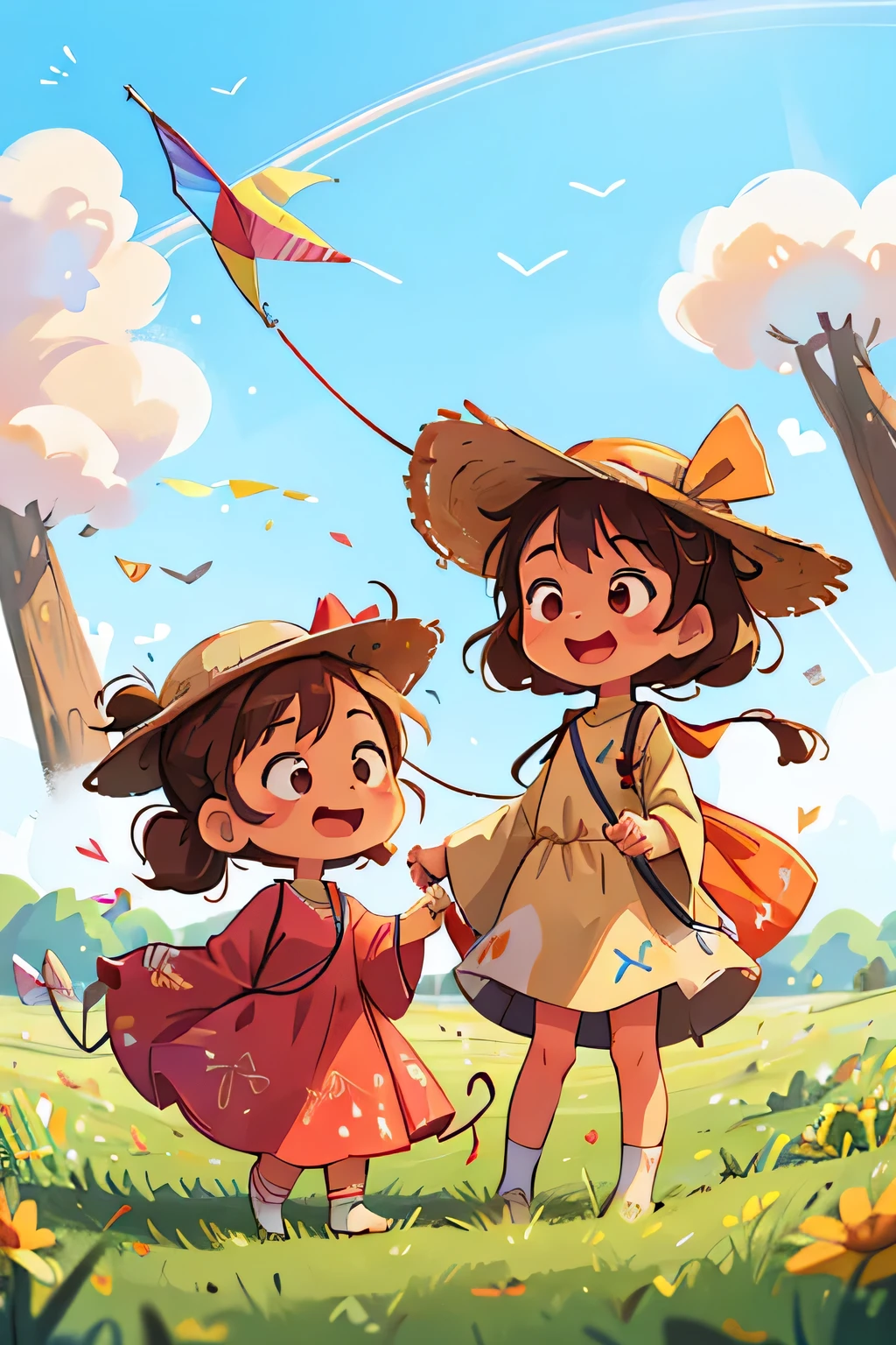 Two sisters, clad in sun hats and light dresses, excitedly prepare to fly a kite in the open field. Their laughter echoes through the air as they adjust the colored kite strings in unison. One sister, with long wavy brown hair pulled back into a ponytail, holds the kite's tail while the other, with short curls framing her face, cradles the kite's frame in her hands. The wind gently catches the kite's colorful tail, spreading it out behind them like a rainbow. Sisters' joyful expressions light up their faces as they lean back, pulling the strings taut to let the kite soar higher and higher