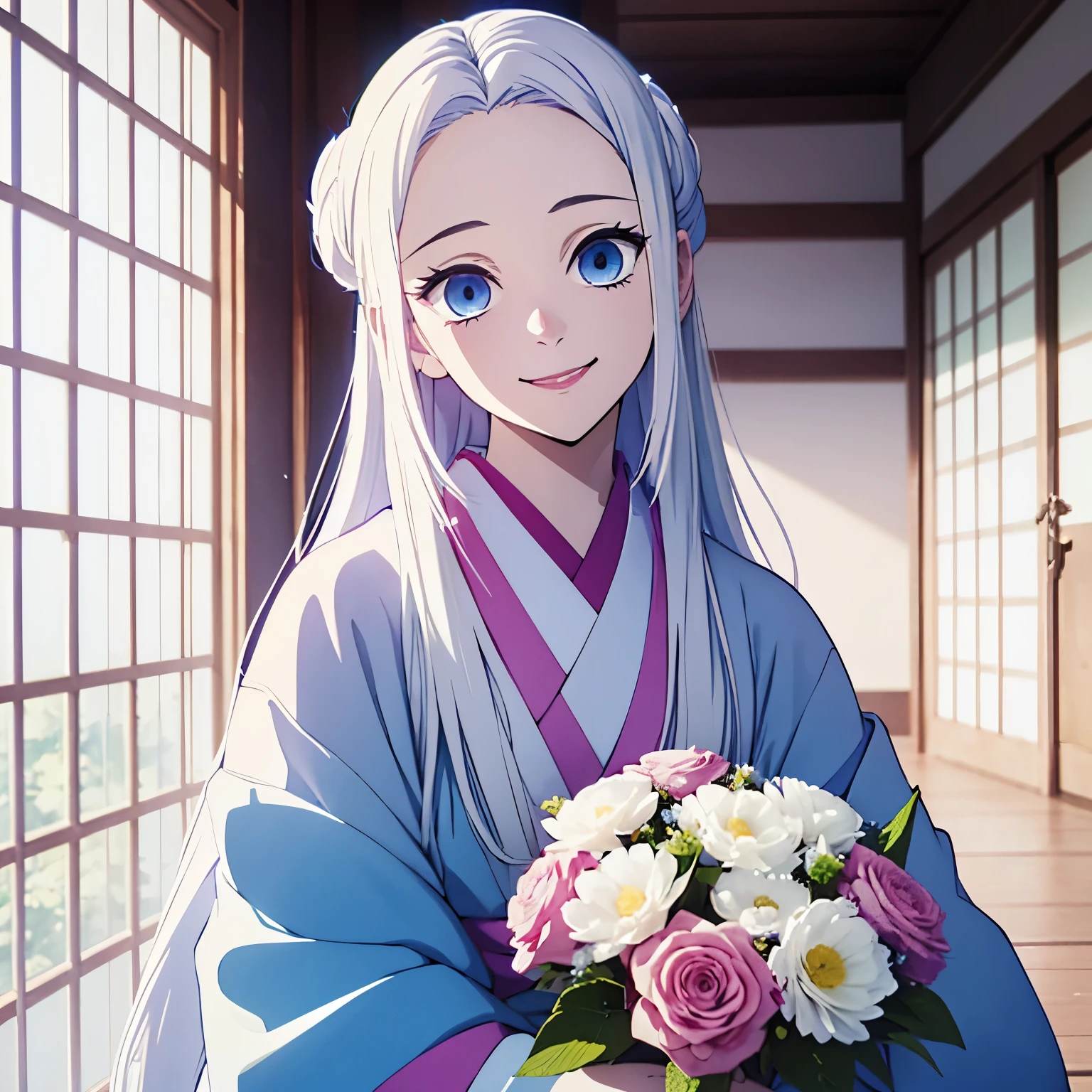(1 girl, White long straight hair, blue eyes), kimono, white haori, white hair, smily eyes, room, face focus, (opened mouth), happy face,(half-up half-down hairstyle), japanese animation color style, vivid colors, from front, outdoor, day time,( 18years old girl), smile, hold a bouquet of flowers, big bouquet, viola bouquet, japanese room, wood window