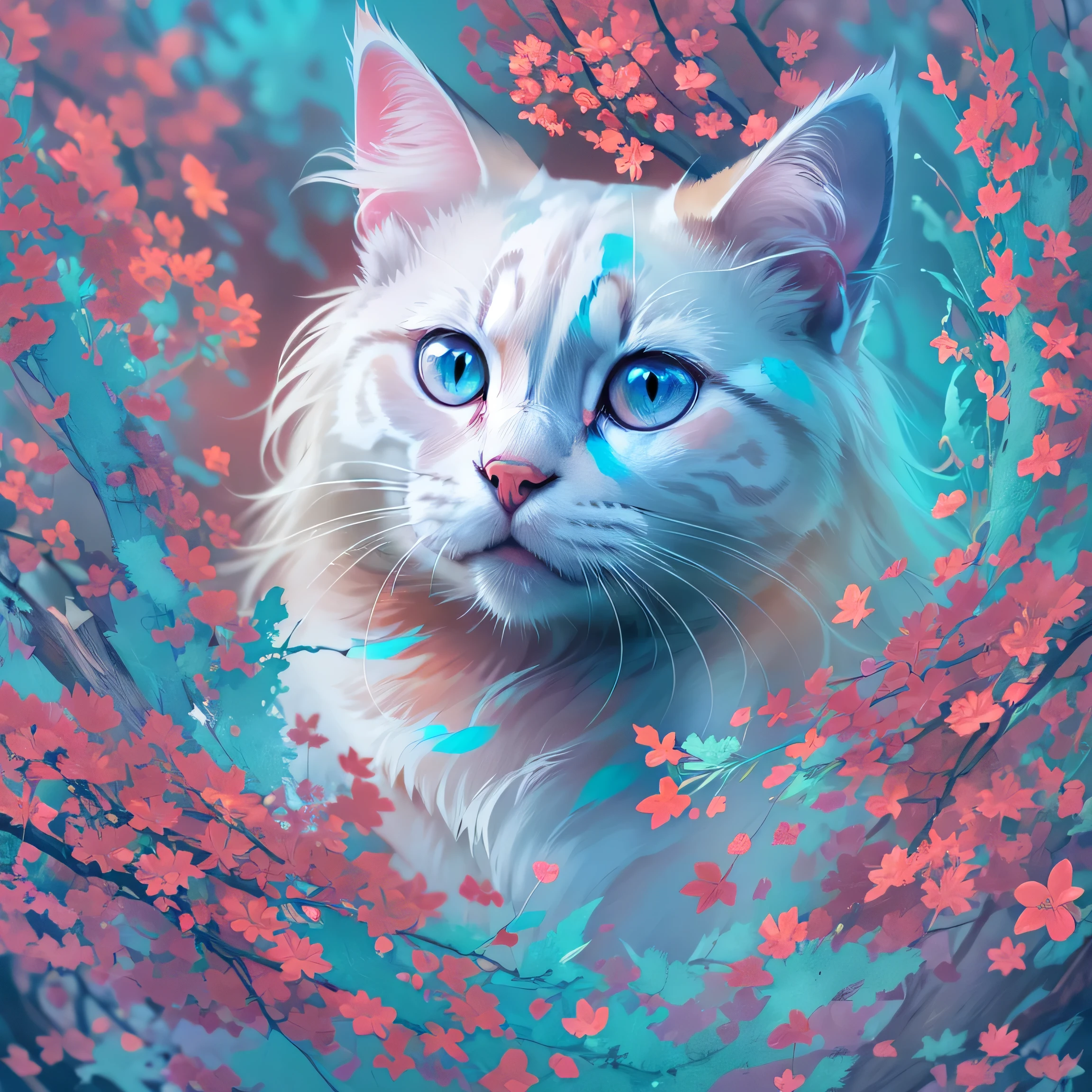 there is a white Cat with pink and blue paint on it's face, Vector art:David Rubin, Shutterstock, fur art, Blue and pink color splash, Pink and blue colors, blue and pink colors, Cat. Digital Painting, cmyk portrait, Cat design, Pink and blue colors, beautiful neon Cats, liquid Cat, digital art animal pictures