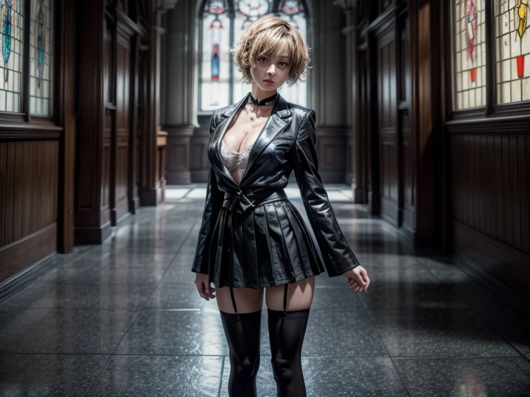 (Satori toho character:1.1), (solo), (standing), (stained glass), BREAK, short hair, (huge perky breasts), bursting breasts, (inconceivably thin waist:1.2), (very long legs), BREAK, (black blazer:1.3), (black thighhighs:1.3), (very short black high-waist skirt:1.3) cinches waist too tight, (highheels), BREAK, nose blush, BREAK, masterpiece, ultra-detailed, full body