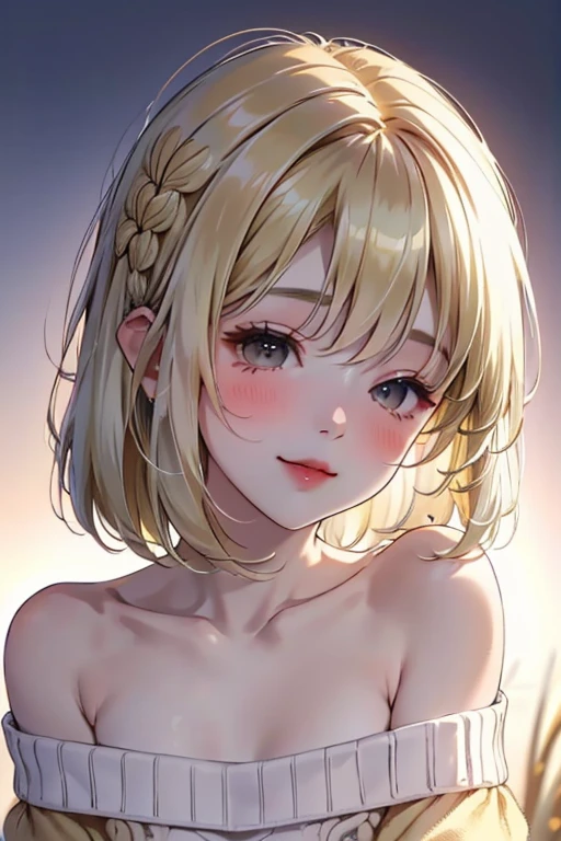 blonde, short hair, girl１, in the Living room, sofa, upper body, completely nude, (small nipples:1.2), (small areolas:1.2), kawaii, cute, pale purple eyes,(shy), (blush),light smile, (White nude apron:1.2),