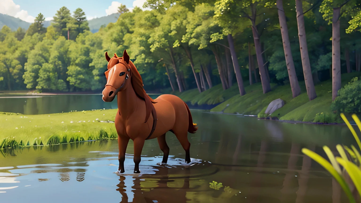 a brown horse standing on a boat in the lake, overall warm tone, distant view composition, rippling lake surface, lakeside grassland, dense forest background, birds flying in the distance, 3D rendering, 3D cartoon style, Pixar Style, animated movie lighting, C4D, HD, best quality, high quality hair texture, animation style
