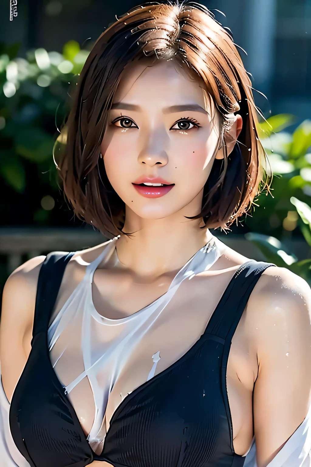 (Transparent and revealing clothing:1.3 ),Open jacket,(((Colorful short hair with shiny light brown and orange stripes on the nape))),(((Disheveled Hair))),Perfect round face,Cute eyes,Cute Smile,A cheerful smile that makes the viewer happy,big breasts,Emphasize the chest,Perfect body curves,Beautiful clavicle、 Wet Hair,Wet Face,Wet body,Wet Skin,wet costume, Detailed clothing features,Detailed hair features,Detailed facial features,Looking at the camera,(Dynamic angles),(Dynamic and sexy pose),Cinematic Light,(Mastepiece,highest quality,Ultra-high resolution output images,Depth of written boundary,Intricate details,Make the subject three-dimensional with the contrast of light and shadow,) ,Digital illustration,Single-lens reflex camera, (Photorealistic:1.3),(8k quality,Anatomically correct facial structure,),(SeaArt 2 Mode:1.3),(Image Mode Ultra HD,)