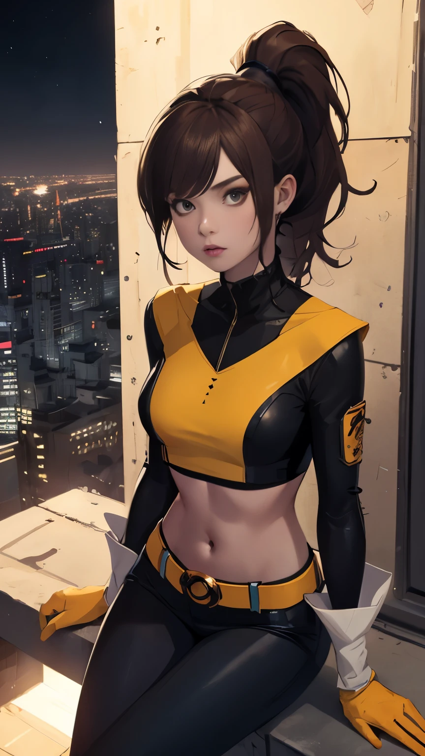 (Highly quality, masterpiece, detailed), night city detailed scenario, night city detailed background, 20 years old girl, solo, ktpryde, brown eyes, brown hair, ponytail, crop top, sleeves, sitting on top of a building, navel, perfect face, beautiful eyes, looking at the viewer, Sexy pose