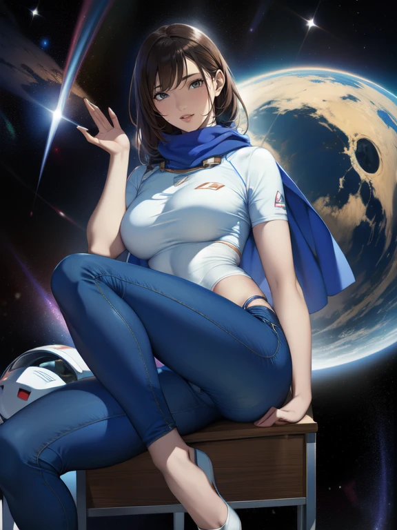 highest quality, High resolution, Clear image, Concept Art, Night Sky, performer, moon, girl, smile, hair, eye, mouth, hand, feet, clothing, jeans, T-Shirts, scarf, Have, space, spaceship, spacesuit, astronaut, planet, Milky Way, beautiful, cute, comfortable, nature, dream-like, relaxed, Shine, Lovely