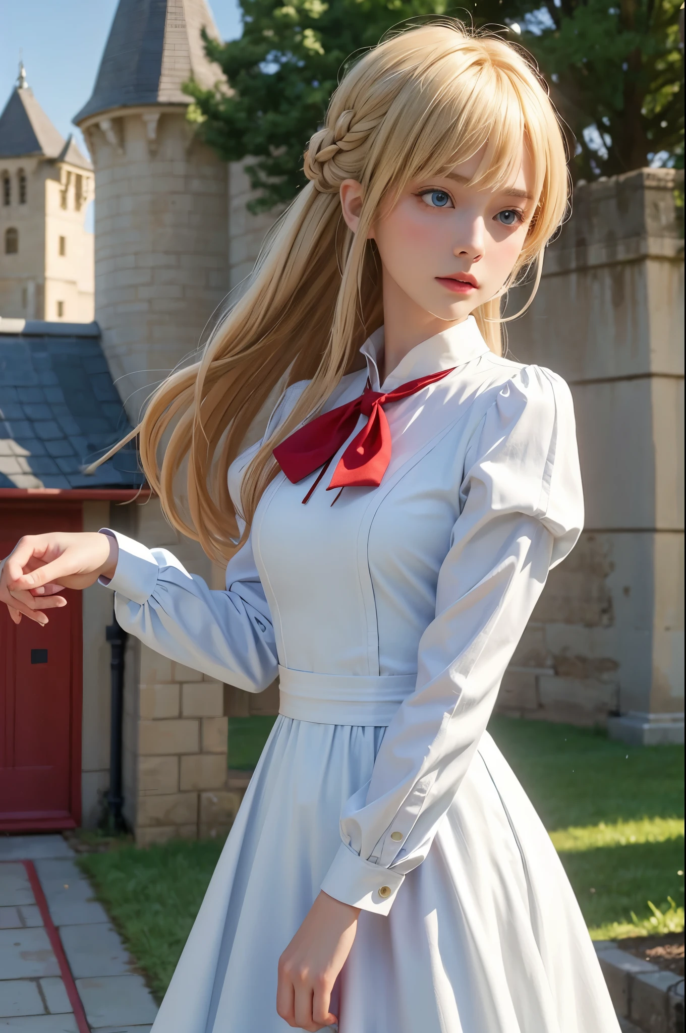 1girl, (((masterpiece, best quality))),(realistic, photorealistic), violet_evergarden, cowboy shot, blonde hair,braid, red hair ribbon, bangs, short blue jacket, blue long sleeves, jewelry, blue eyes, brooch, ascot, ((white long dress)), looking at viewer, upper body, outdoors, ((castle)),((houses)) streets, raining, manor, field