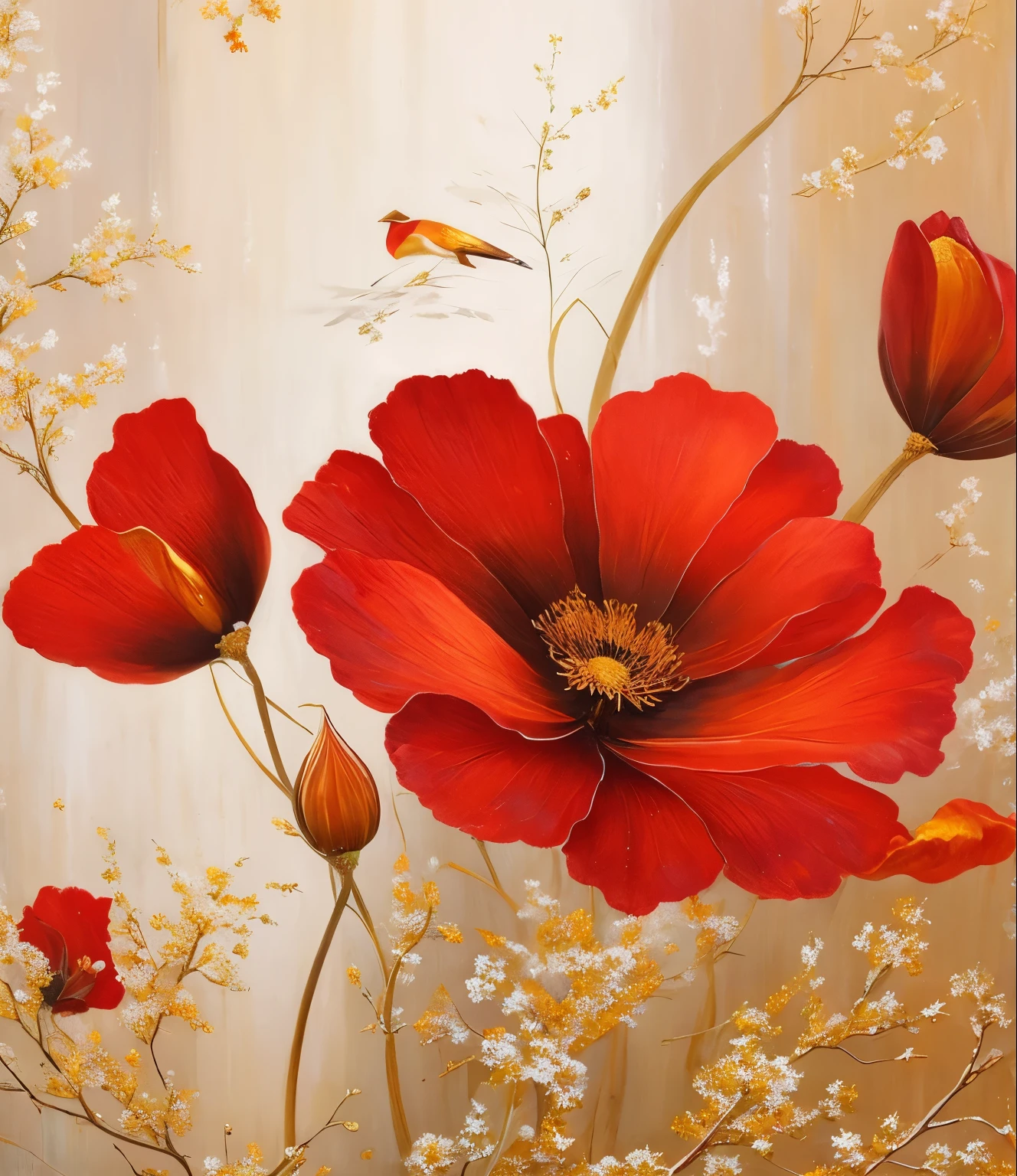 pintura de Red flowers em um fundo dourado com um fundo branco, red, pawpaw, vibe de Red flowers celestiais, Red flowers, red色和金色细节, Flores and Ouro, Flower of Euro, Bitter and Dorado, golden flower, 金色和red色, Sakimi, Elegant and exquisite paintings, red色口音, look up. pawpaw, flores doradas