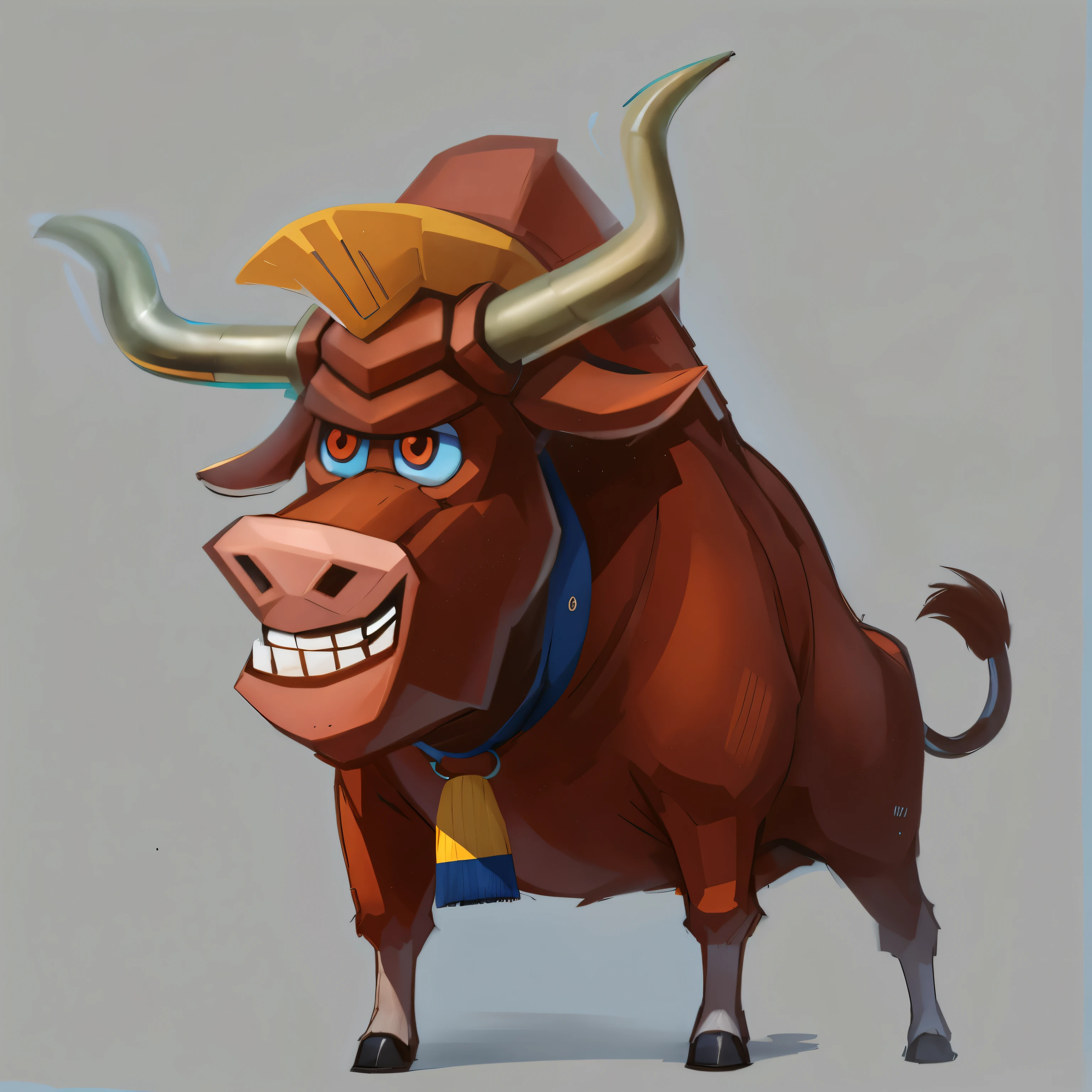 cartoon Public ox with a big horn and a blue collar, beefy, Public ox, Public ox head, pixar cartoon style, pixar character design, Simple lines，Show your teeth，lol，ox head monster, pixar concept art, Pixar artstyle, Cartoon Pixar style, ox head, cartoon concept art, ox，Cartoon ox，