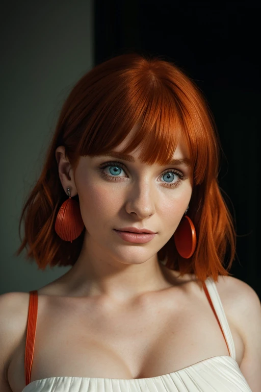 A realistic full body of a 20-year-old, bryce dallas howard, readhead woman with short chanel orange hair and side bangs. white skin,  wearing a red dress. medium breasts, red lights are in the background. photo illustration style, evenly staged images, high resolution, irreverent collage, luminescent color scheme, iconic photo, shot on Hasselblad 1xd, 50mm, photorealist, huge eyelashes, huge, bold eyes, high quality, huge earrings.