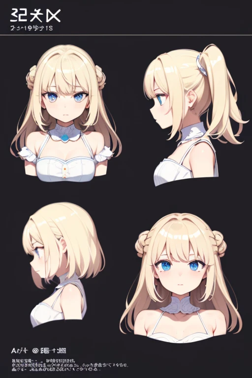 Charterner v2, One girl, whole body, Blonde, Long Hair, blue eyes, white dress with blue detaileds, Princess, same clothes, Concept Art, whole body, detailed_face, line_sketch, plan, Official Art, Official Alternative Costumes, Design style, multi style, detailed character, 4_~ side, original, 8K GC, massive detailed, Multiple Views of the same character, No background, only detailed character, technical illustration, Multiple Views,masterpiece,highest quality