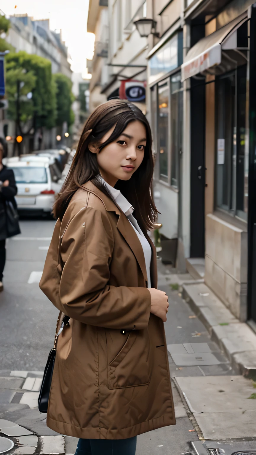 a japanese woman wearing a brown coat looking at a 20 years old white european man wearing a white shirt in the street of Paris