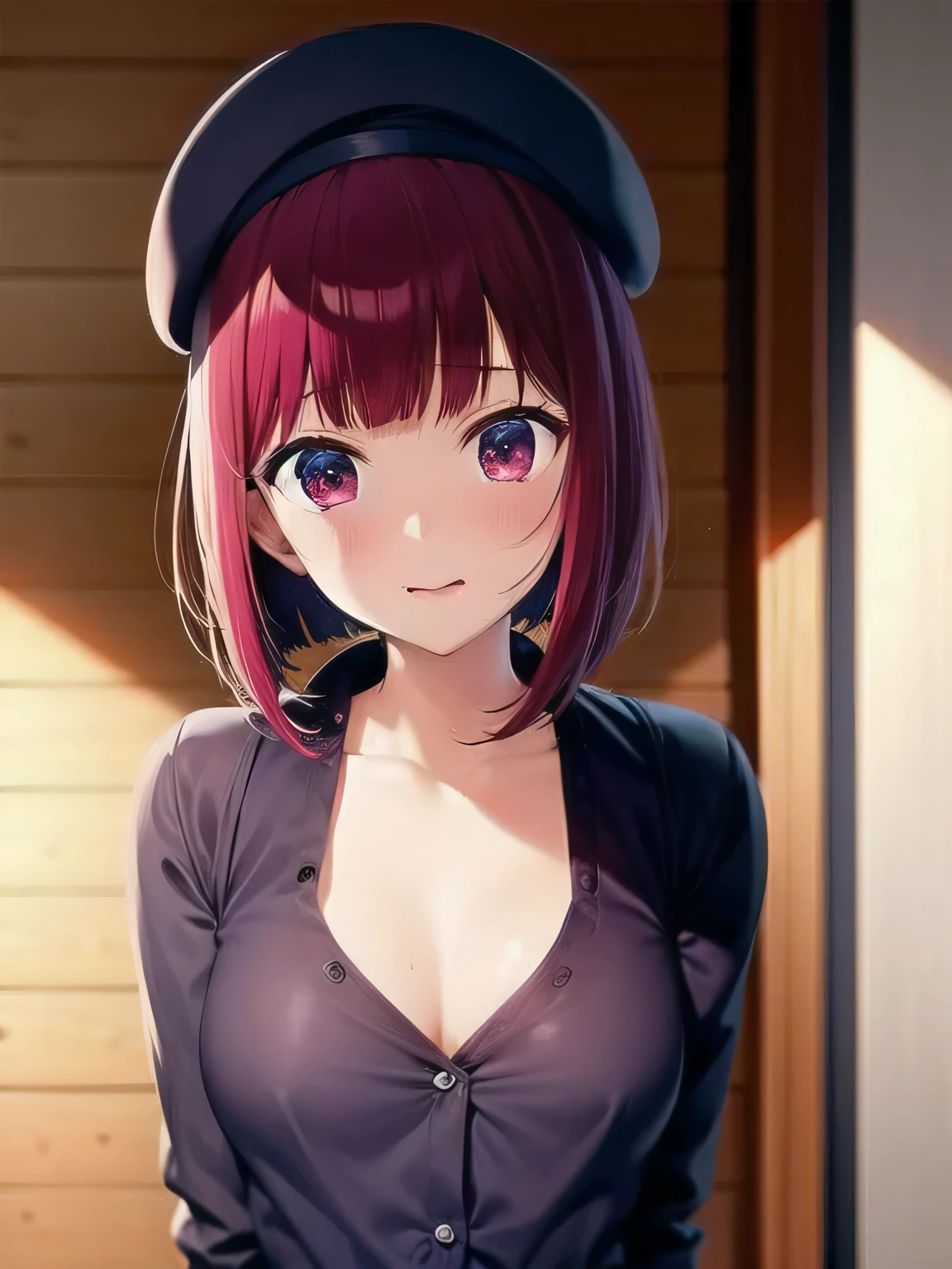 (((nsfw))), 1 girl, Graduation Bob, Straight Short Hair, Medium Violet Red Hair, Medium purple red eyes, Big droopy eyes, Small beret, Genius actor