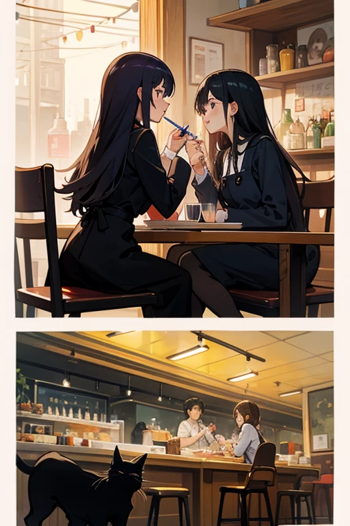yuri couple、juice、tapioca、The background is a cafe、Black cat