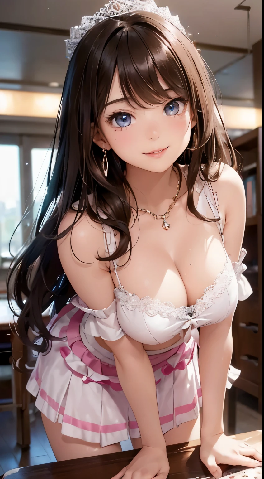 (on the table: 1.3), (Maximum resolution: 1.2), (ultra high definition tv: 1.2), Movie Lighting, ultra high definition tv, (Exquisite eyes and skin), (Detailed facial features), North African Trade Zone, 8K resolution, Sharp focus: 1.2, Perfect style, Cute face, Perfect body, precise, Anatomically correct, Highly detailed face and skin textures, Exquisite eyes, Deep blue eyes, double eyelids, Thin eyebrows, glitter eyeliner: 1.2, natural cheeks, Glowing skin, White skin: 1.2, Shiny necklaces and earrings, (Glossy lips: 1.4), rest, one person'view, (((Very cute high school girl))), (sexy pink lace), (Smile: 1.2), ((innocent and cute girl:1.3)), (Long curly hair), (Light brown hair:1.2), , rest, ((Very close: 1.2)), Moderation, ((looking at the audience:1.2)), (Library 1.2), ((please bend your knees:1.2)), (from the side:1.2),low angle shot,Off the shoulder mini dress,mini skirt,Embarrassed look,(((Large Breasts))),(((()))),(((Her skirt was pulled up)))