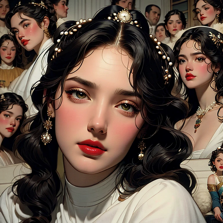 a close-up of a woman in costume with a bunch of aliens, james jean luz suave 4k, Opa : :, art deco style, retrato da mulher maravilha, inspirado em Noriyoshi Ohrai, trends on artstaion, garota soldado mecanizada, sci - fi : :