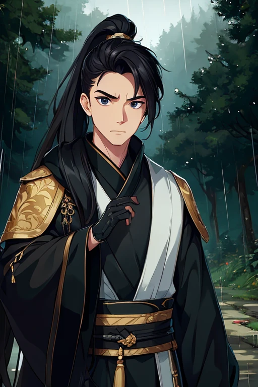 (best quality,high resolution,Clear image，in the forest，it is raining，:1.2),A handsome，The only person，Super detailed background,Masked man holding knife，Black Hanfu，Black Mask，Black chinoiserie clothes，high ponytail，night，Black eyes，，Dim fog，，Dutch Angle Shot,The atmosphere is tense，,Upper body portrait，eye focus，Sharp eyes，