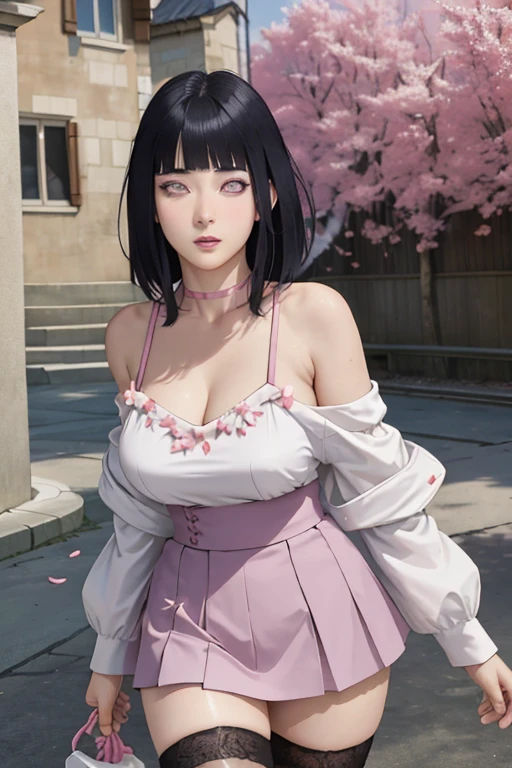 masterpiece, absurdres, hinata hyuga, 1girl, solo,mature female, spaghetti strap top,high waist short skirt, looking at viewer, (falling petals), perfect composition, detailed lips, big breast, beautiful face, body propotion, blush, (pink lips), long hair, purple eyes, soft gaze, super realistic, detailed, photoshoot, realistic face and body, detail body, sexual expression, seductive, thighhighs, full body photo, full figure , standing beside wall, 