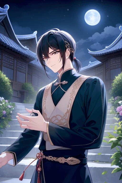 (best quality,high resolution,Clear image,Man in black,:1.2),A man,Male focus,Super detailed background,,A teenager with a sword,Chinese style long sleeve robe,high ponytail,night,Garden view,Under the moonlight,Starry Sky,Blue clothes,Asian Architecture,romantic atmosphere,,Dutch Angle Shot,soft light,Upper body portrait,Noble prince,eye focus,Sharp eyes,