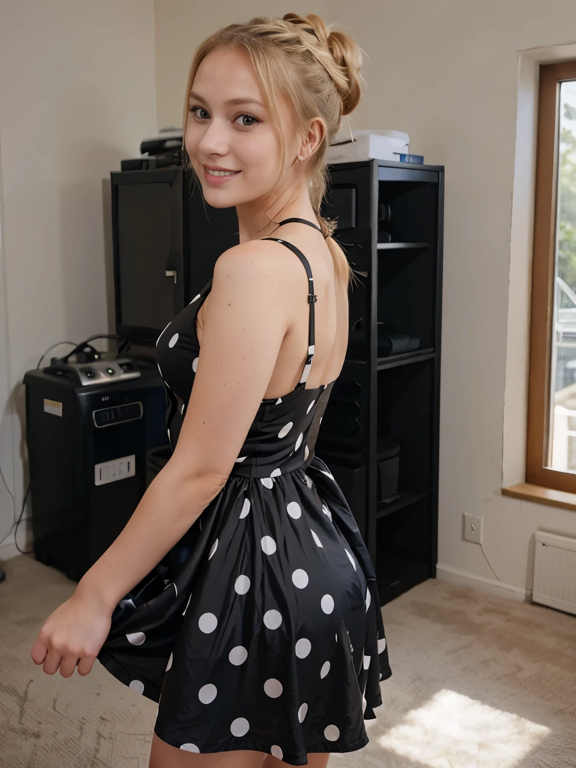 a blonde lady, 25, with brown eyes, wearing a black polka dot dress with her hair tied up in a ponytail, standing in a room smiling at the viewer.