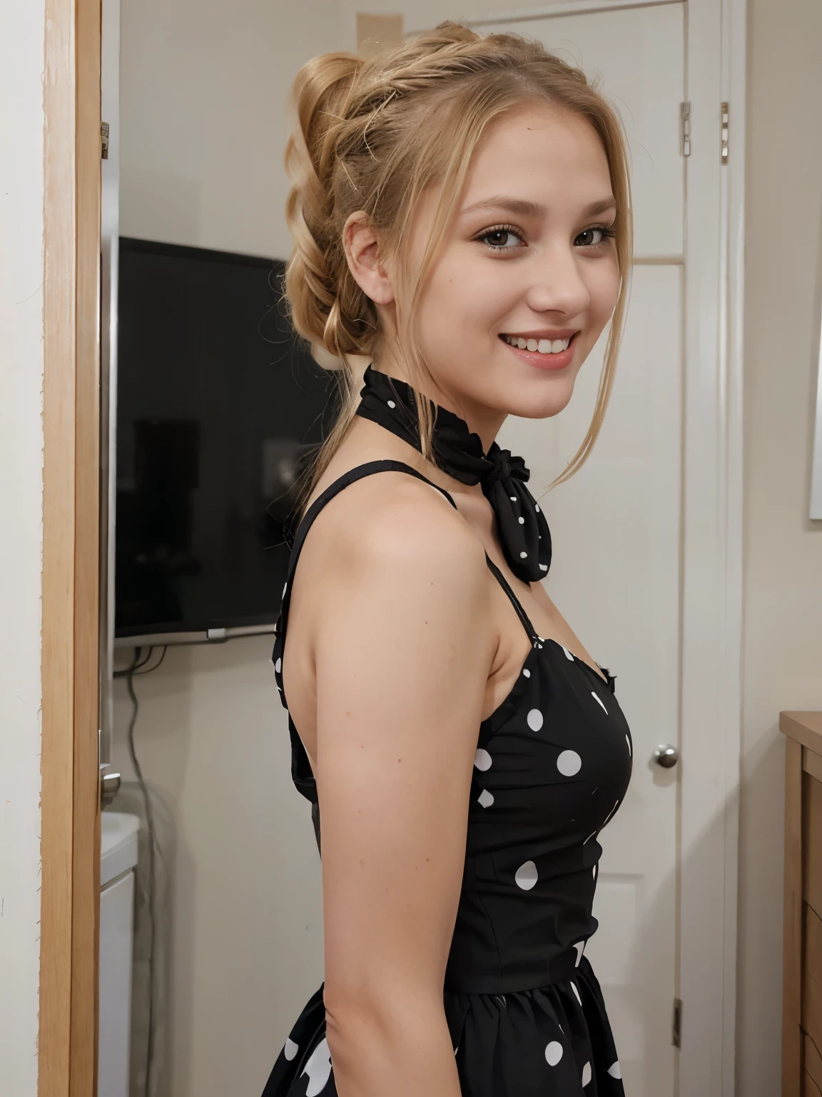  a blonde lady, 25, with brown eyes, wearing a black polka dot dress with her hair tied up in a ponytail, standing in a room smiling at the viewer.