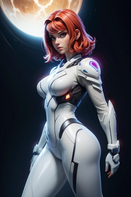 Scarlett Johansson on an alien planet, pelo rizado rojo brillante, Aesthetics of the female body, glowing cyber armor, inserciones de color blanco brillante y naranja en la armadura, white plastic liners, shiny plastic armor pieces, huge plastic shoulder pads, muchos detalles, aparatos de espionaje colgados en la armadura, Glowing neon clues on the armor., super detail, luz nocturna tenue, ambiente acogedor, pose heroica, comic superhero, calidad 4K