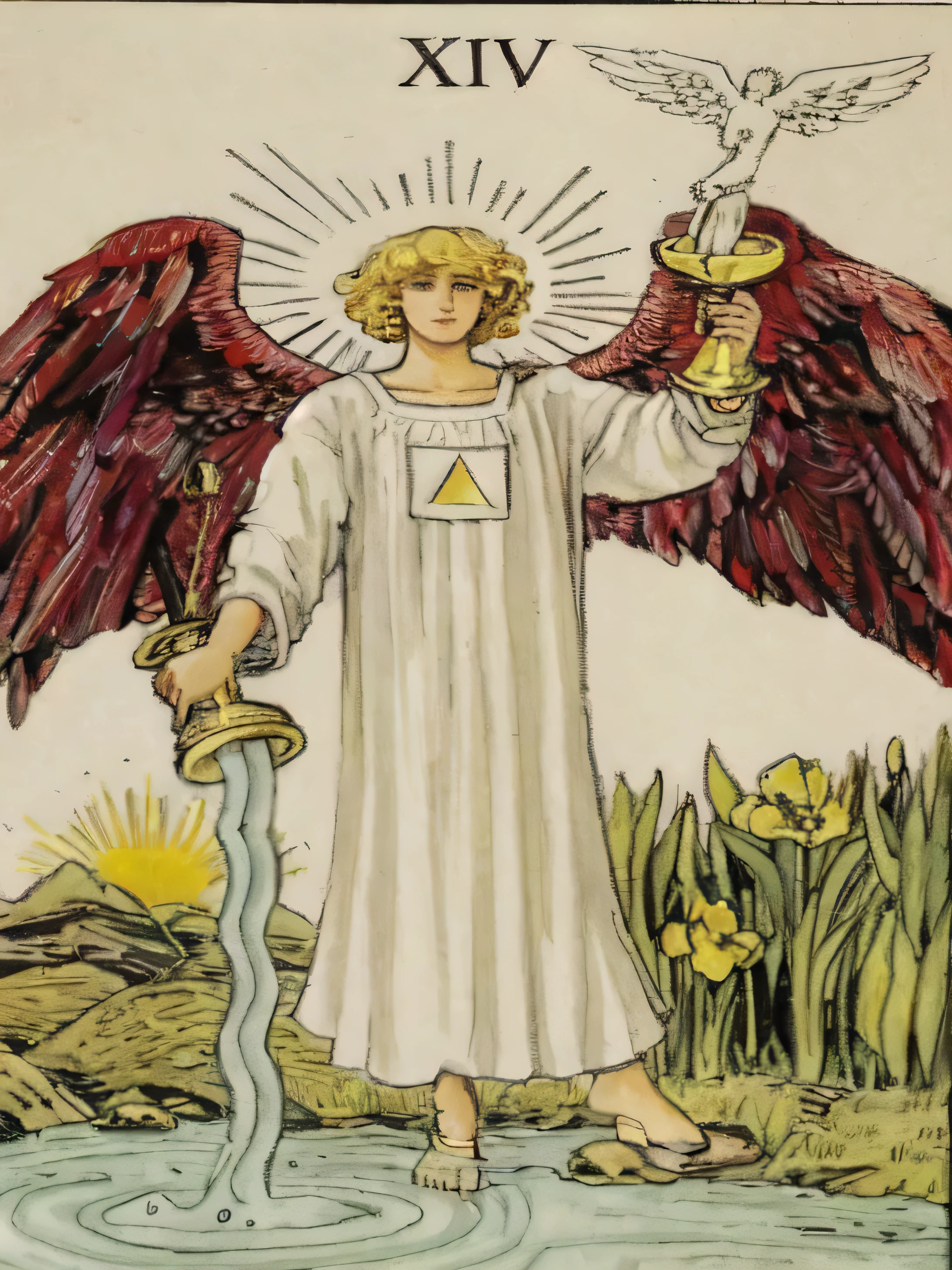 a picture of a tarot card with an angel holding a sword, rider-waite tarot, old-fashioned tarot card, as a tarot card, major arcana cards, tarot card art, the non-binary deity of spring, tarot art, totalitarian socialist angel, tarot card background, tarot card design, [ tarot card ]!!!!!, tarot design
