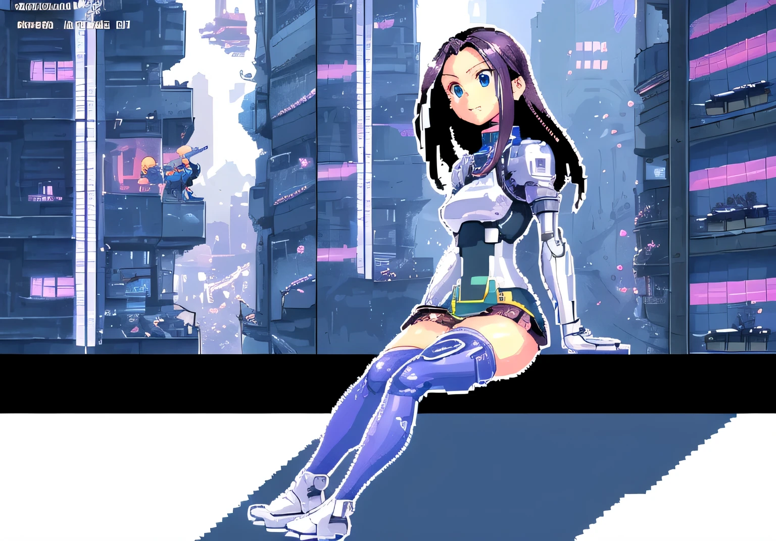 a close up of a person sitting on a bench in a building, detailed pixel artwork, art of kirokaze pixel, detailed pixel art, beautiful detailed pixel art, cyberpunk pixel art, mechanized soldier girl, high quality pixel art, pixel art style, 32-bit pixel art, detailed digital anime art, pixel artwork, battle angel alita