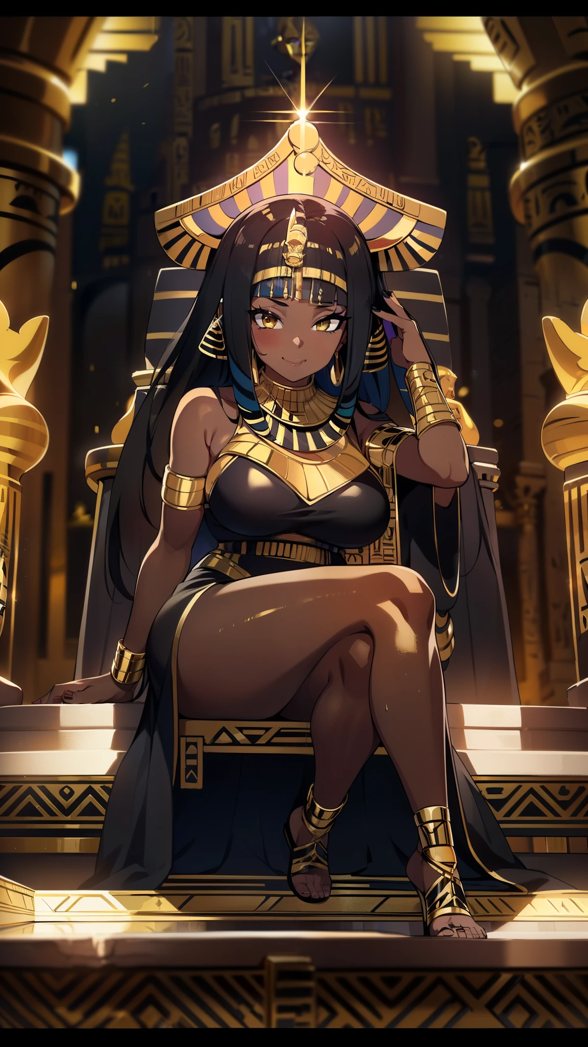 4K Quality, (sexy black woman), (big smile), ((sitting on throne)), ((black and gold egyptian dress)), ((black and gold egyptian hair)), ((gold eyes)), ((dark skinned)), thick thighs, big breasted, big ass, (looking at viewer), (((in the black and gold castle))), at night, after the rain