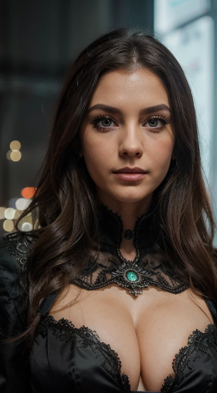 Full face portrait photo of a 25-year-old European girl, .RAW, gorgeous woman, halboffene, volle Erdbeerlippen, dimple, Longing look, green eyes, Large pupils, Big eyelashes, (kurzes, gewelltes braunes Haar), ((Detailliertes Gesicht)), ((detailed facial features)), (feine Haut), blasse Haut, (elegantes Kleid mit Detailliertem, deep neckline), Cyberpunk-Megacity-Umgebung, (Kalte Farben), nass, feucht, Reflexion, (Meisterwerk) (Perfekte Proportionen) (Realistische Fotos) (highest quality) (Detail) aufgenommen mit Canon EOS R5, 50-mm-Objektiv, f/2.8, HDR, (Tapete) (Filmbeleuchtung) (Dramatische Beleuchtung) (Scharfer Fokus) (Komplex), (nahaufnahme des gesichts), (Zopf, stilvoll sexy)