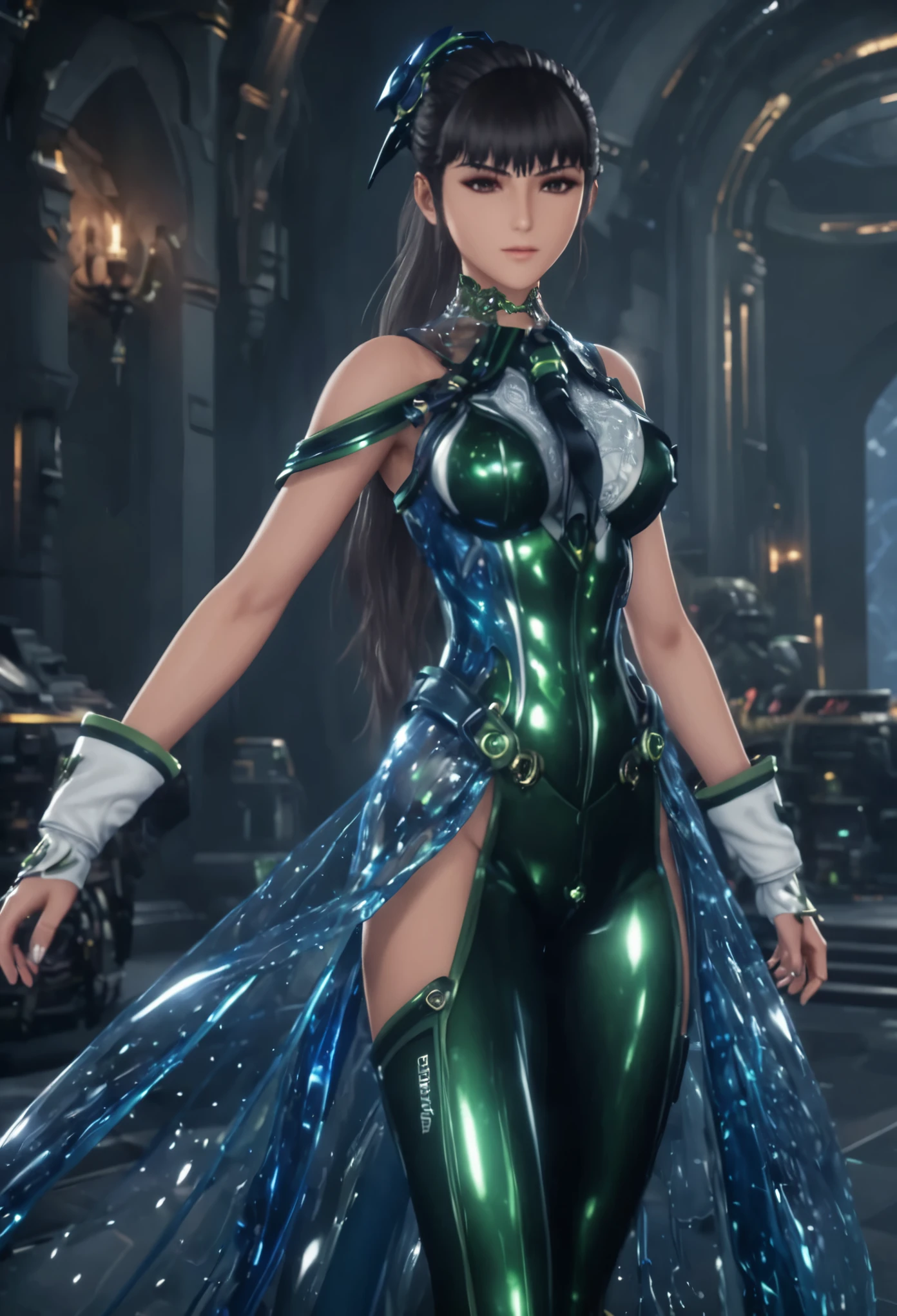 a woman in a green and blue costume standing in a dark room, eve, stellar blade, alluring elf princess knight, unreal engine render saint seiya, shiny plastic armor, fantasy outfit, unreal engine render + a goddess, akihiko yoshida. unreal engine, unreal engine character art, very stylish fantasy armor, cyber suit, shiny armor, of a beautiful female warframe