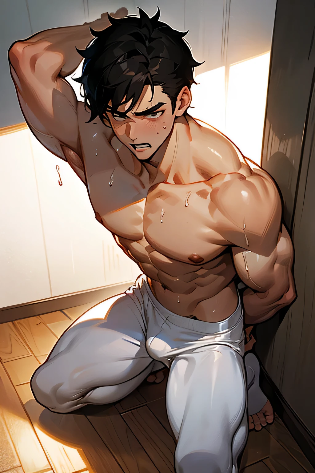 handsome manly short black hair caucasian male in white boxers , his arms raised, behind a wall, in the center of the wall, kneeling, shirtless, sweating profusely, drenched with sweat, exhausted, panting, in the bedroom